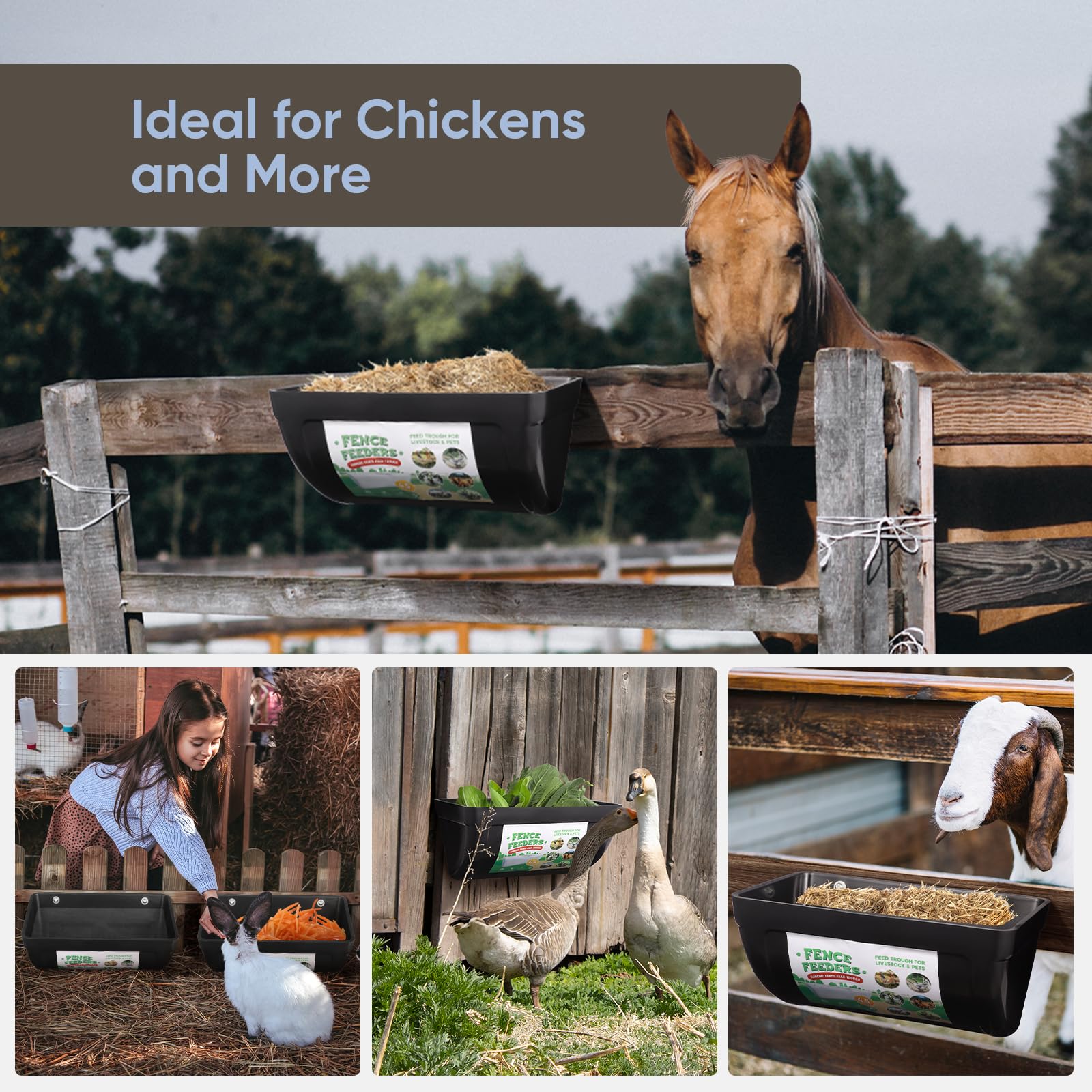 Paquete de 4 comederos colgantes para cabras, alimentador de pollo, con clips, comederos de valla colgantes, cubos de alimentación de 4.5 cuartos para caballos, comedero de patos, comedero de