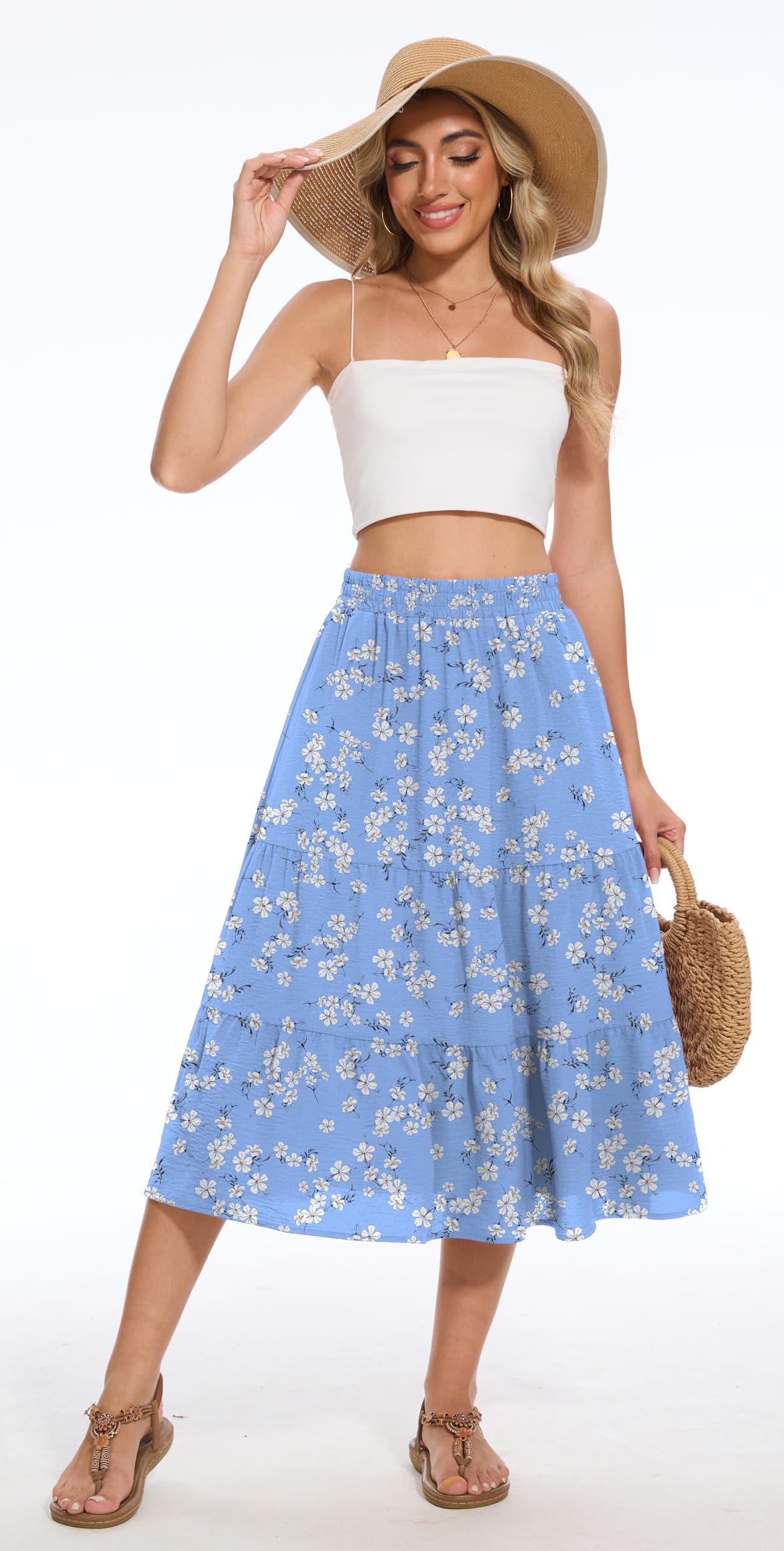 AYIFU Women's Summer Midi Skirt Tiered Flowy High Waist A-Line Elastic Ruffle Casual Skirts with Pockets