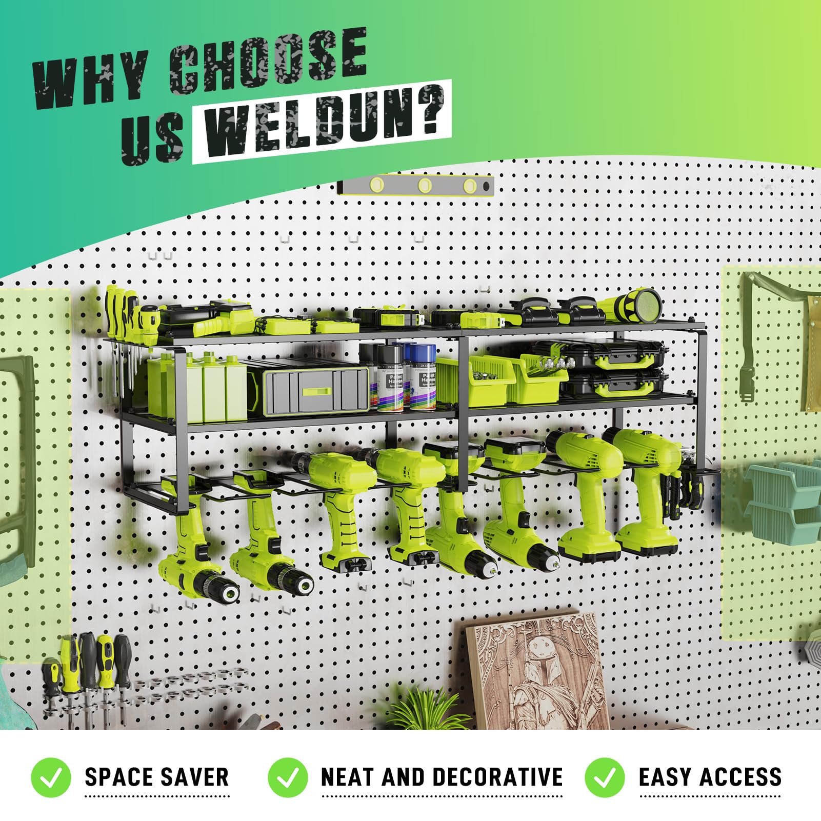 KAFAHOM Power Tool Organizer, 8 Boorhouder Wandmontage, 4 Lagen Garage Tool Organizers en Opbergrek, Gereedschapsplank met schroevendraaier/tang/hamerhouder