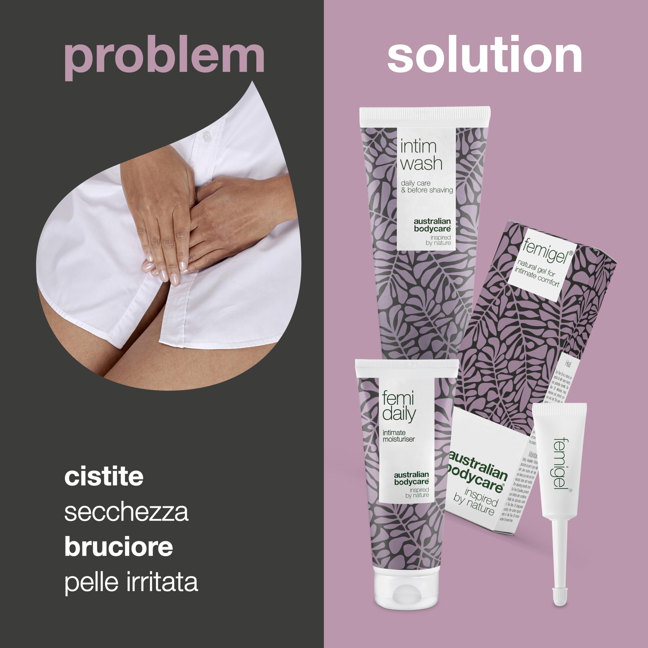 Australian Bodycare Intimate Kit – 3 prodotti per la cura intima | Riduce secchezza, prurito, rossori e odori| Contiene: Intim Wash 200 ml + Femi Daily 100 ml + Femigel 5x5 ml | Australian Bodycare