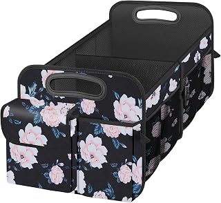 Trunk Organizer, Collapsible Trunk Organizers and Storage, Car Accessories for Women and Men, Multi-Compartment Trunk Storage Organizer for SUV, Car, Mini-Van (Black Flower, Standard)