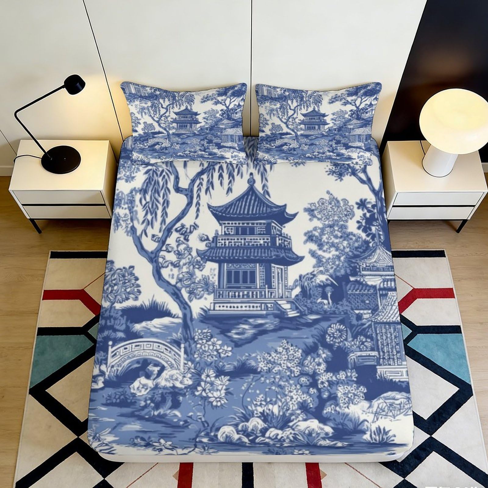 3D Printed Oriental Pagoda Fitted Sheet Microfiber Blue Landscape Mattress Cover for Bedroom Guest Room Decor 90x200x25cm