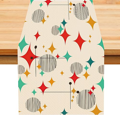 Miniatura 54 de Camino de mesa retro de los años 70, estilo vintage, arte abstracto moderno, verde, bohemio, espiral, ondas, granja, campo, cena, para el hogar,