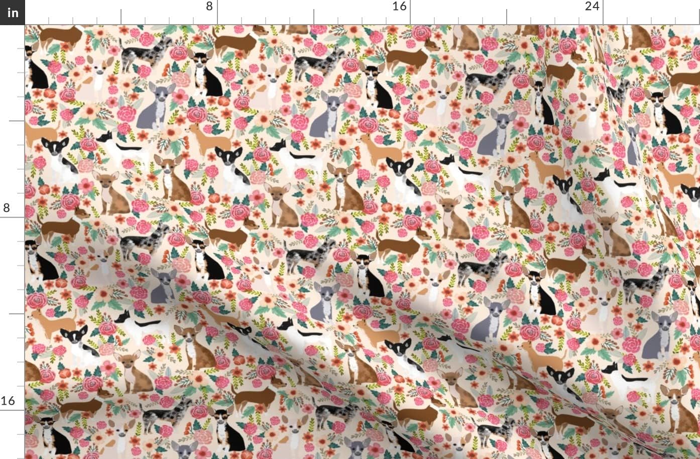 Spoonflower Fabric - Chihuahua Dogs Cute Florals Vintage Printed on Organic Cotton Sateen Fabric by The Yard - Sewing Quilting Apparel Home Decor