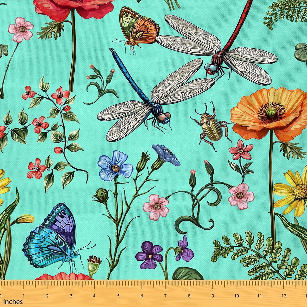 Dragonfly Upholstery Fabric by The Yard Butterfly Ladybug Rustic Animal DIY Fabric by The Yard Poppy Dandelion Flower Red Blue Decor Fabric for Upholstery and Home Accents,1 Yard