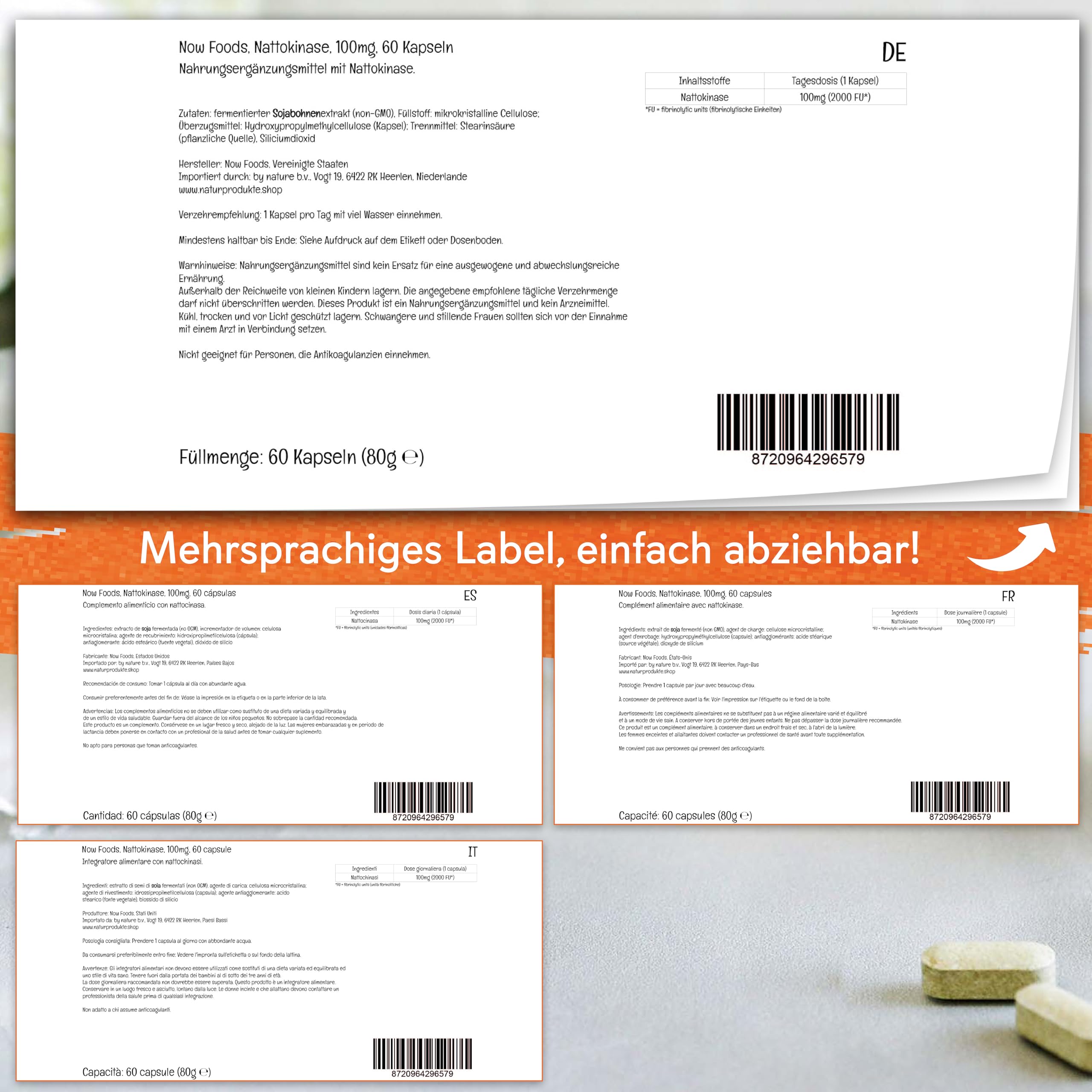 Now Foods, Nattokinase, 60 vegane Kapseln, 100mg (2000 FU) Nattokinase je Dosis, Glutenfrei, Sojafrei, GMO frei, Geschmacksneutral