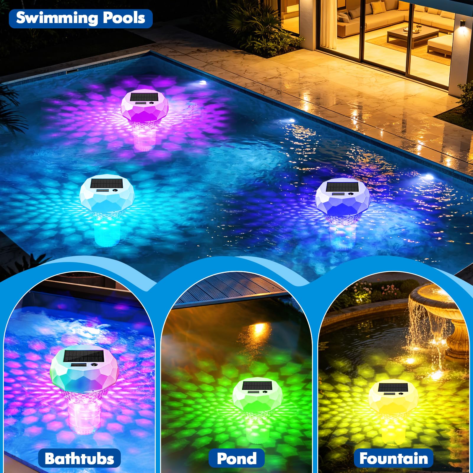 Dosierschwimmer Pool Solar Lichter mit Thermometer, 3 in 1 Poolthermometer & Pool Chlordosierer & buntem Poolbeleuchtung mit Fernbedienung Spa Pools Dosierer Chlorspender Einstellbarer Auslöser