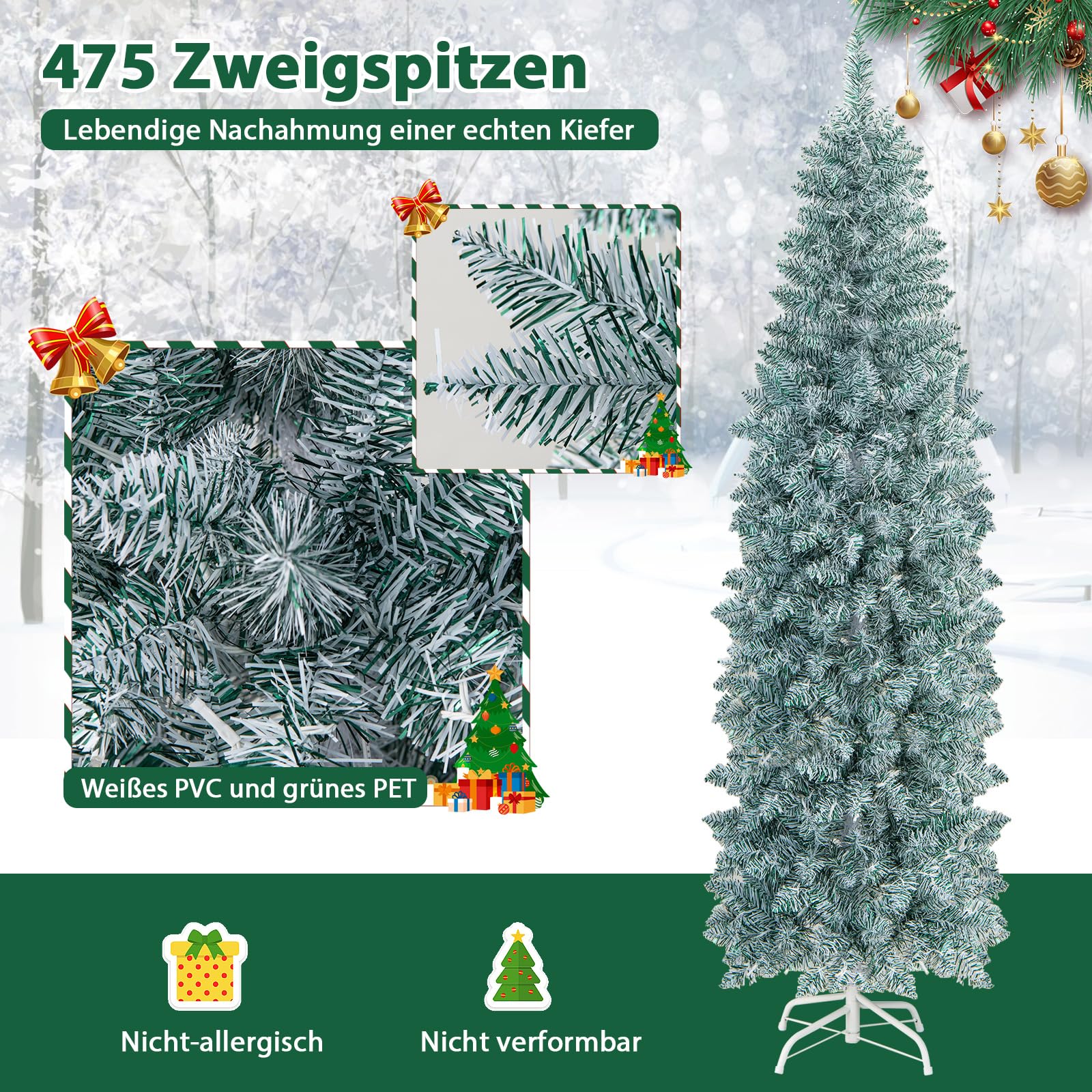 COSTWAY 180cm künstlicher Weihnachtsbaum Bleistift, LED Tannenbaum mit Beleuchtung, schlanker Christbaum mit mehrfarbigen Lichtern, Kunstbaum mit Metallständer für Weihnachten, Grün+Weiß