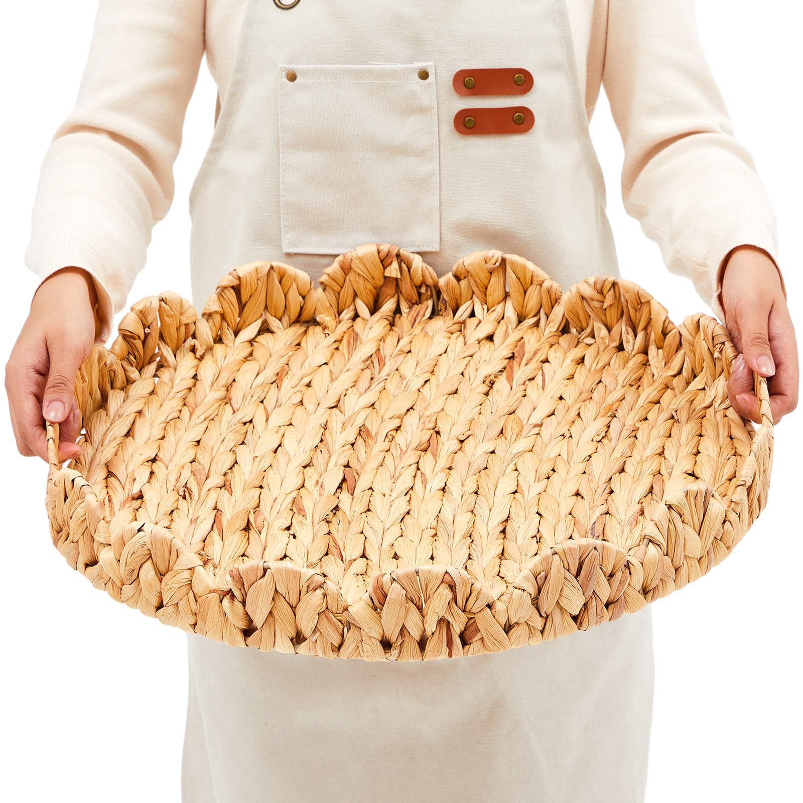 Großes rundes Serviertablett aus Korbgeflecht, 50,8 cm, handgewebt, gewellter Rand, rundes Rattan-Tablett mit Griffen, für Couchtisch, Wohnzimmer, Dekoration und Organizer (Wasserhyazinthe)