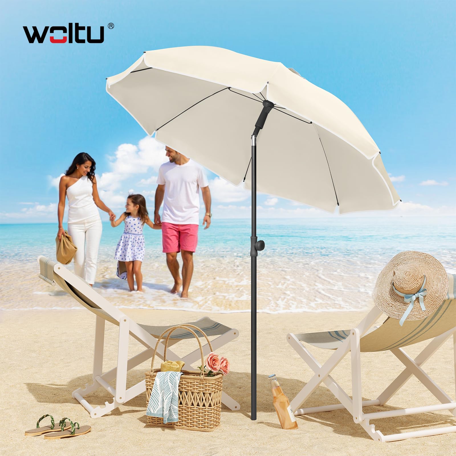 WOLTU Sonnenschirm Balkon φ155cm, UV-Schutz Strandschirm UPF 50+, Höhenverstellbar und Knickbar, Tragbar mit Tragetasche, Belüfteter Rundschirm für Balkon Garten Strand, Beige