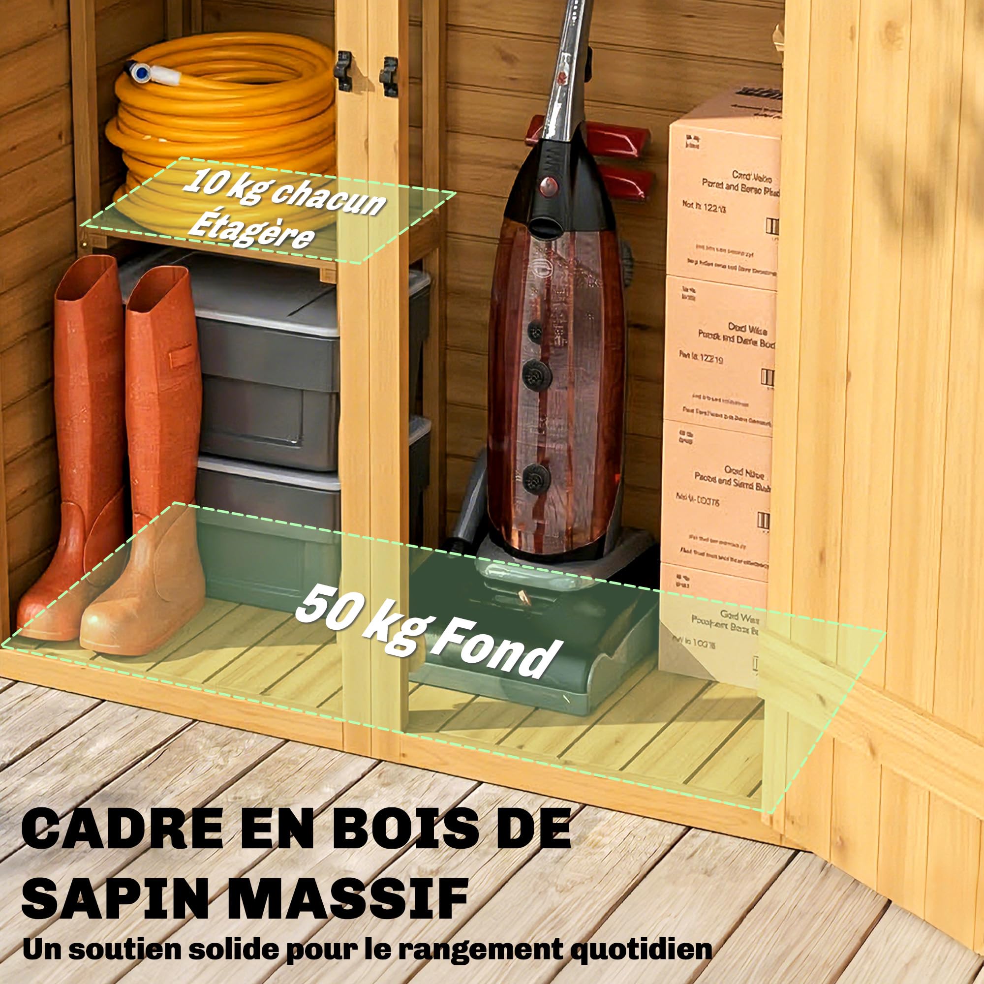 Outsunny Abri de Rangement en Bois, Cabane de Jardin avec 2 Étagères, Double Portes et Loquets, Armoire à Outils avec Toit Incliné pour Terrasse, Jardin, Garage, Marron