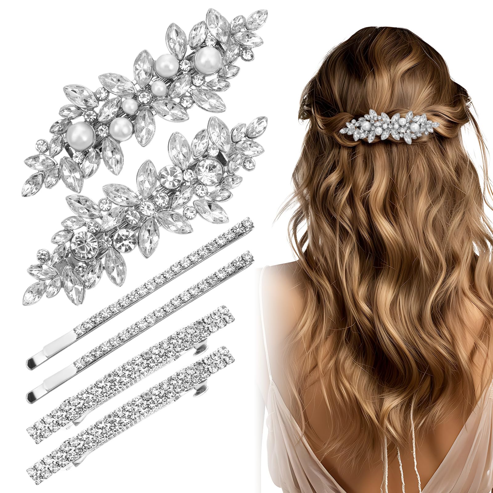 Matwsec 6 Pcs Rhinestone Decorative Hair Clips Silver Sparkly Hair Clips Flower Crystal Hair Accessories Metal Hair Barrettes for Women Wedding Party Everyday