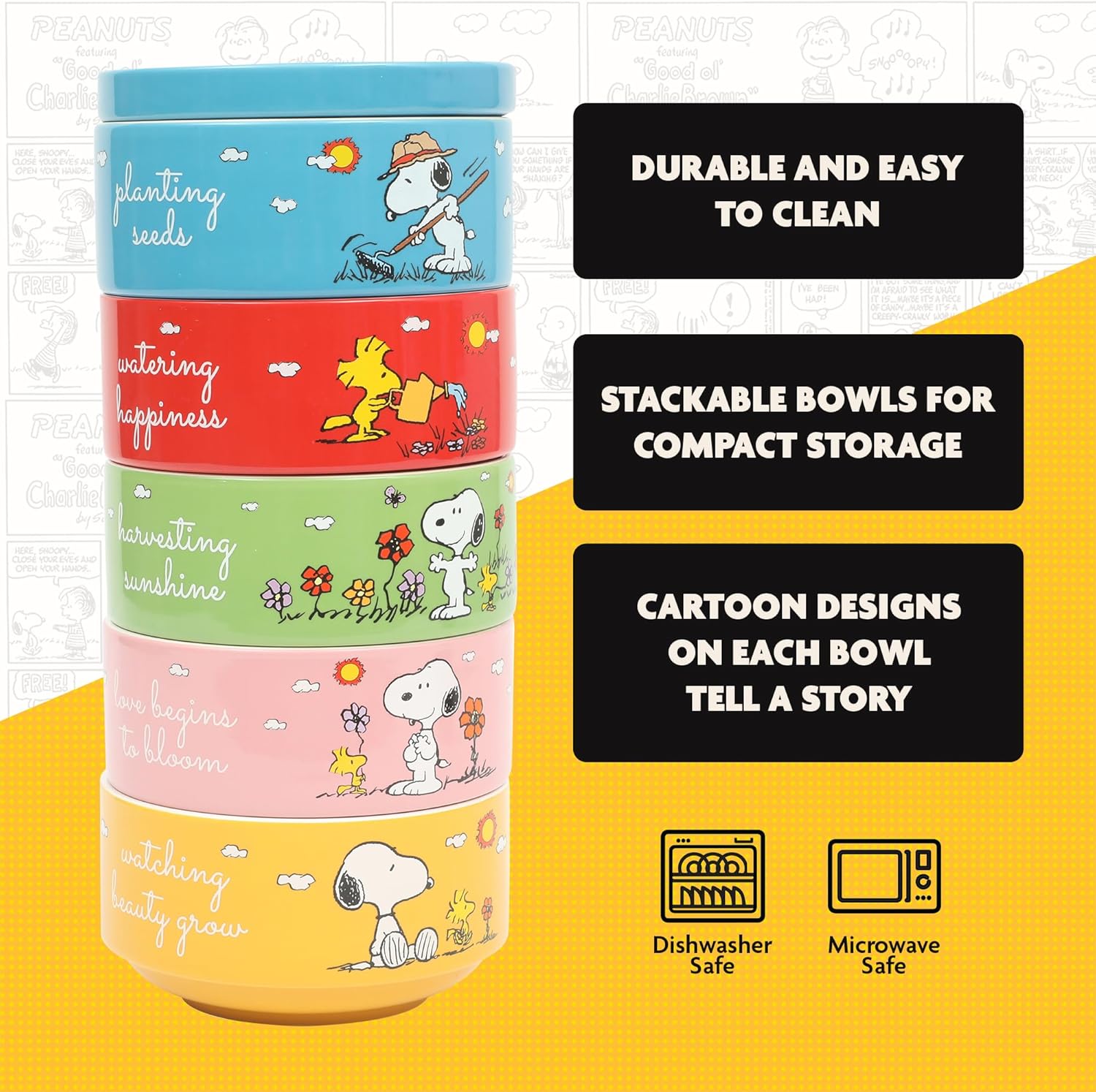 Peanuts Snoopy 6-Piece Stackable 5.5-Inch Decorated Stoneware Bowl Set With Matching Plate, Microwave & Dishwasher Safe, Collectible Kitchen Dinnerware