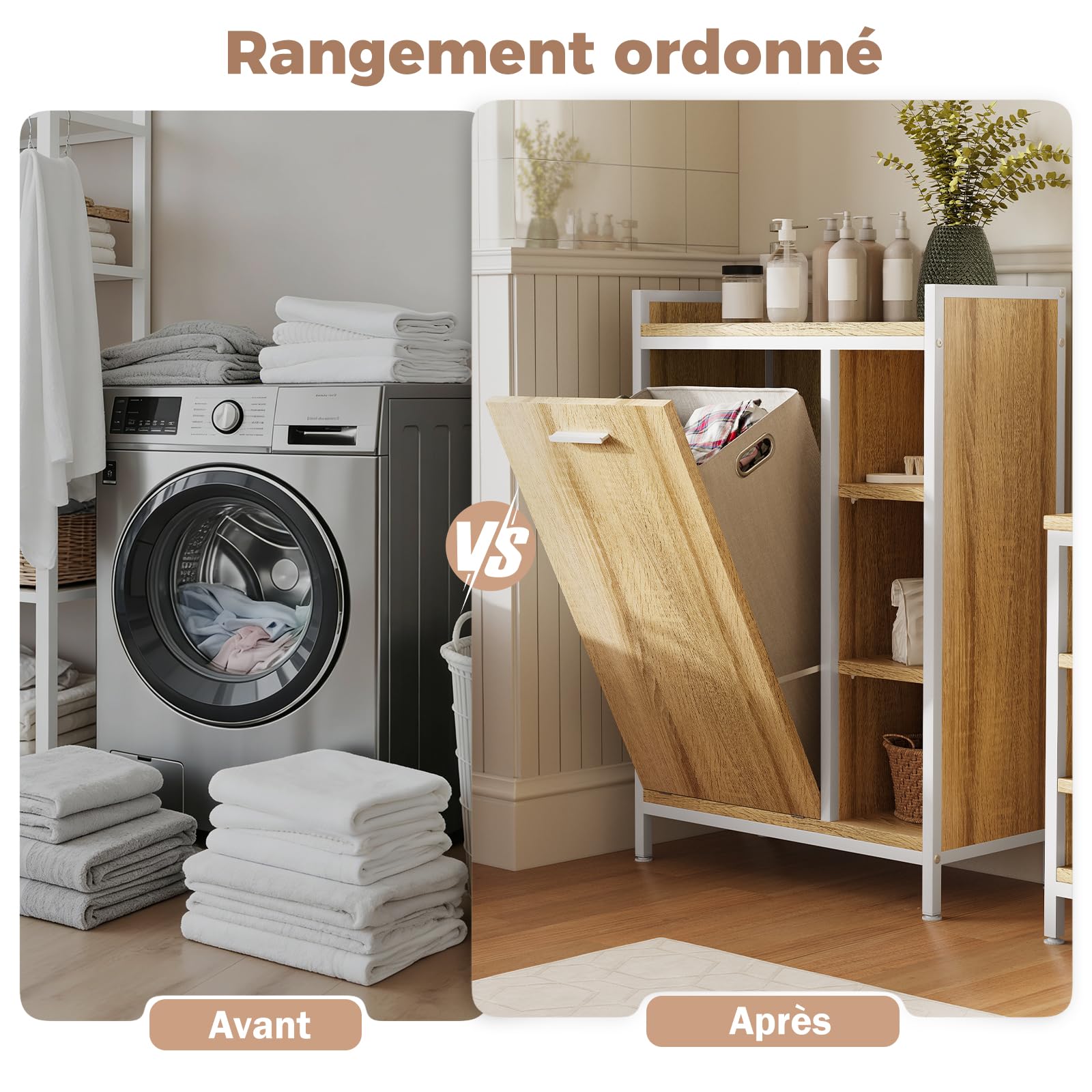 ELUCHANG Meuble de Salle de Bain, Panier à Linge 50L, Placard de Rangement, 2 en 1,avec Sac Intérieur Amovible,Étagère Réglable,pour Salle de Bain, Buanderie,63 x 30 x 91cm,Chêne Clair+Blanc