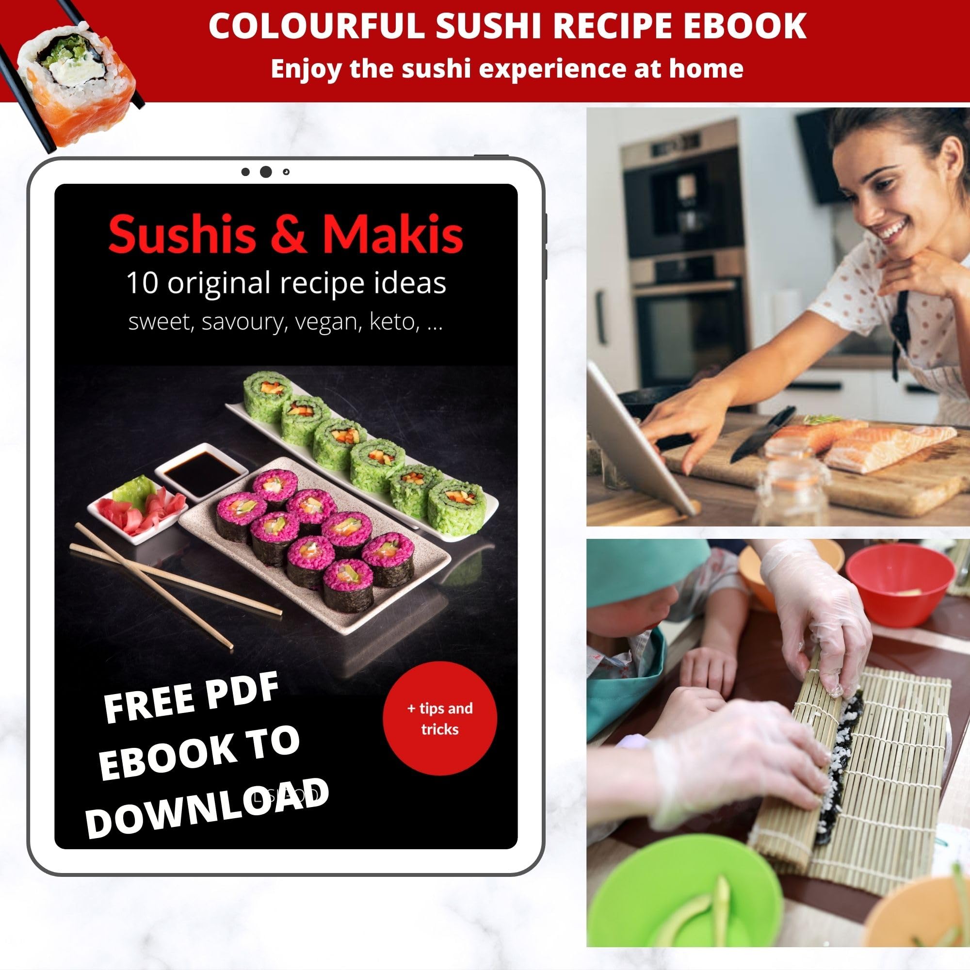 Kit sushi maki complet - Sushi maker - Appareil pour fabrication sushi - Coffret avec natte en bambou, couteau japonais, baguettes, moule à sushi, moule à maki - Idée cadeau homme femme