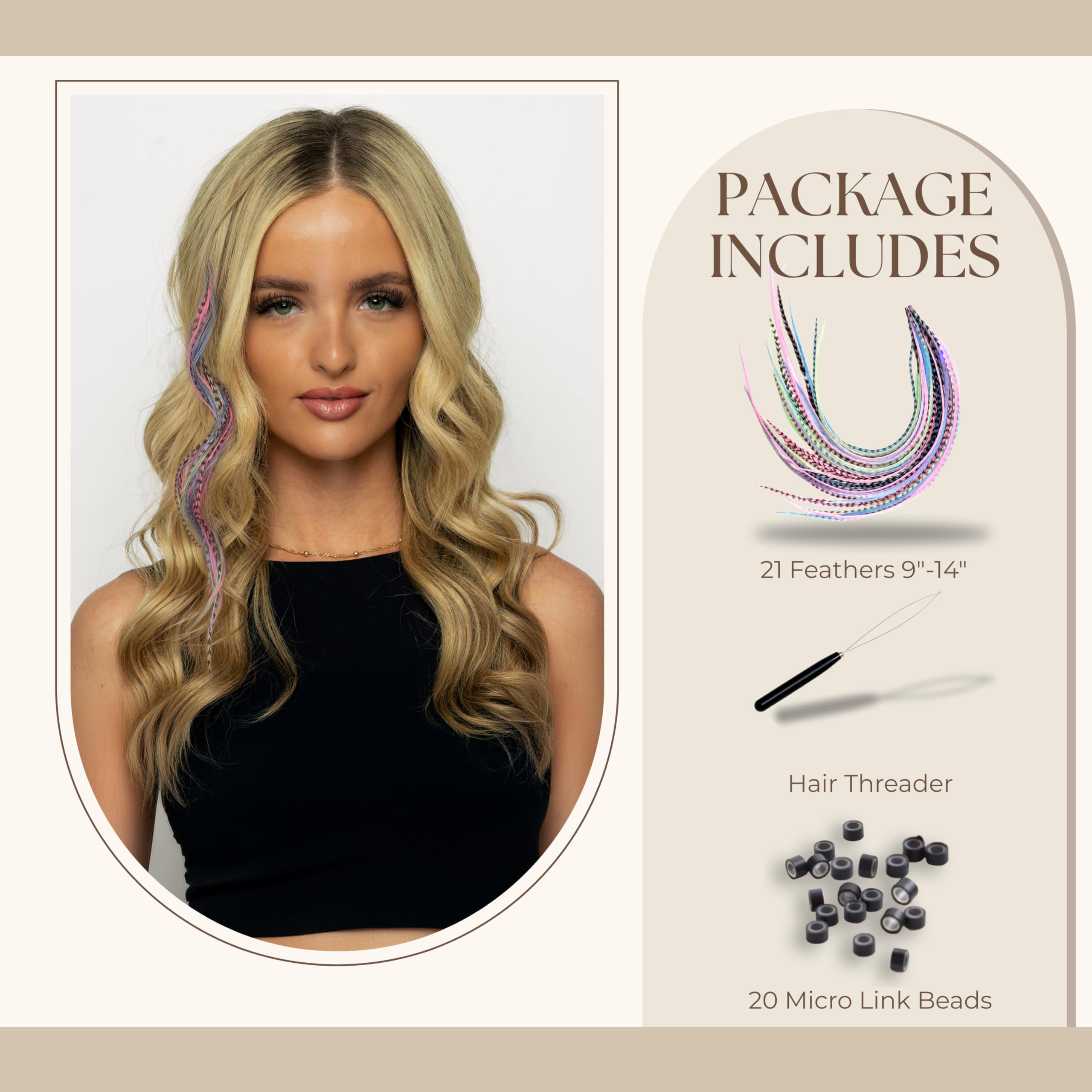 21 extension per capelli color pastello, lunghezza 22,9 cm - 35,6 cm, kit fai da te con 20 micro perline di collegamento, 100% piume vere, stile boho accattivante (pastelli)