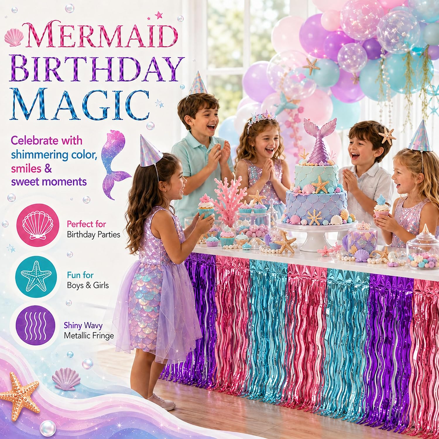 Purple Blue Pink Foil Fringe Table Skirt, 2-Pack Metallic Tinsel, 29x108 In
