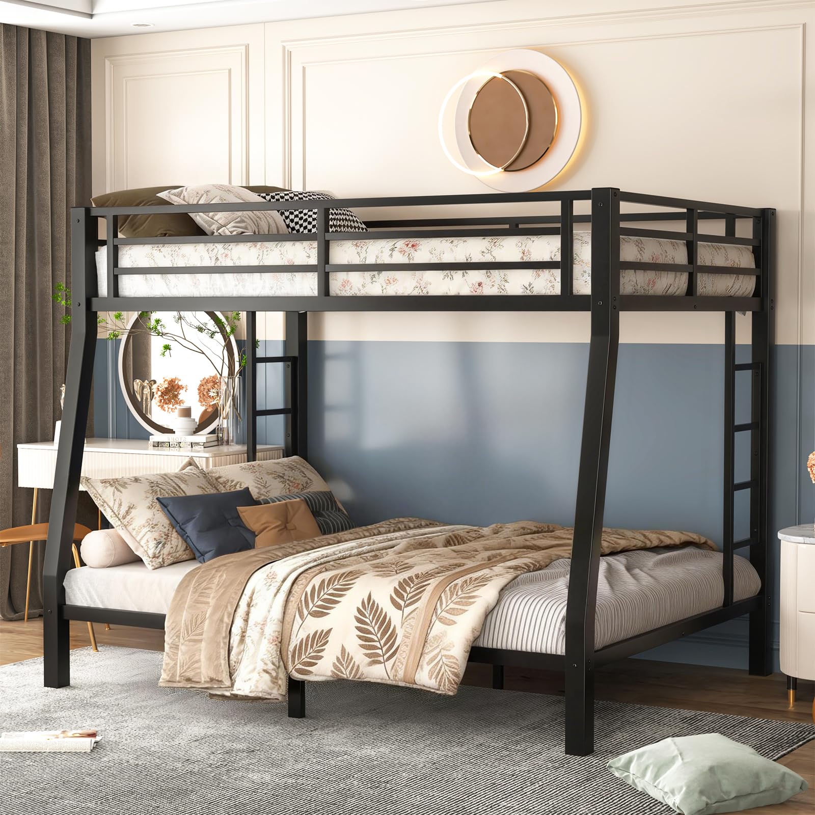 Full XL Over Queen Bunk Bed, Metal Bunk Bed Frame Heavy Duty Bunk Beds Loft Bed Frame with Ladder and Guardrail Metal Slats No Box Spring Required for Adults Teens, Black