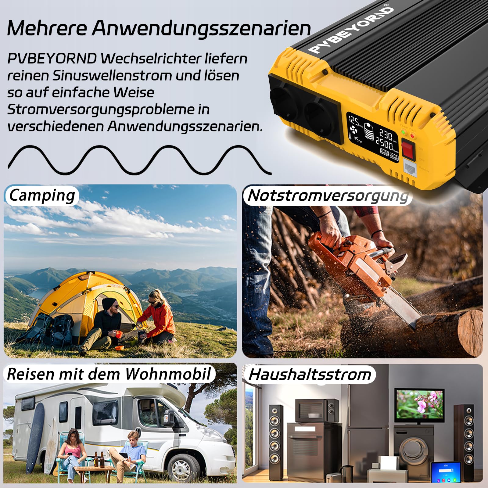 Sinus Wechselrichter 12V auf 230V Reiner Sinus 2500W/5000W 50HZ | Mit Fernbedienungsfunktion, geeignet für netzunabhängige Stromversorgung, Wohnmobile und Camping Ausflüge Reiner Sinus