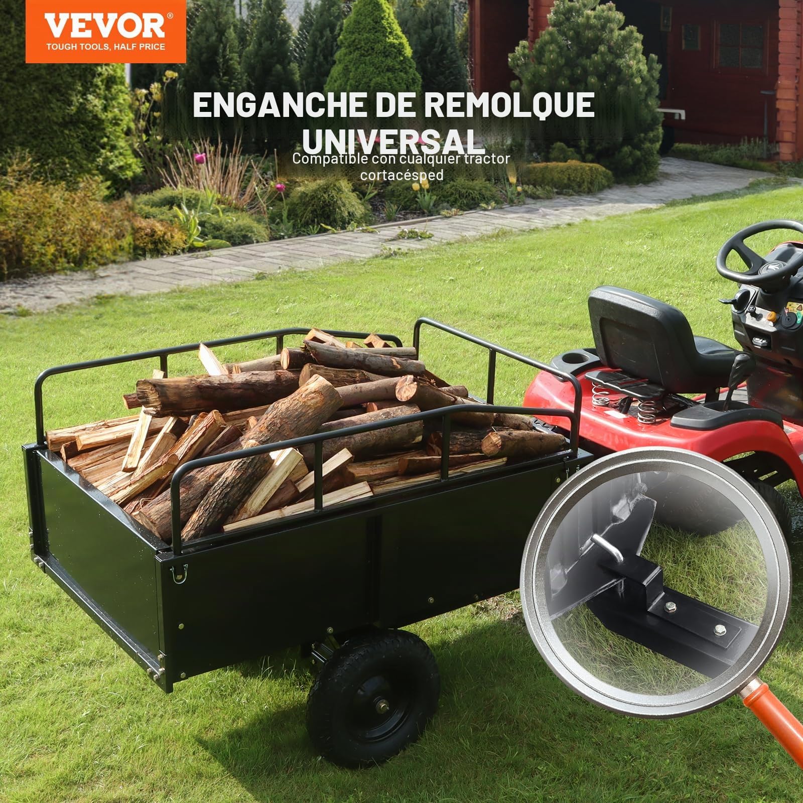 VEVOR Remolque Volquete Capacidad de Carga de 340kg Remolque Utilitario de Jardín Resistente con Laterales Extraíbles Carro de Transporte Volquete de 0,4m³ para Tractor, Cortacésped, ATV, 200x66x76 cm