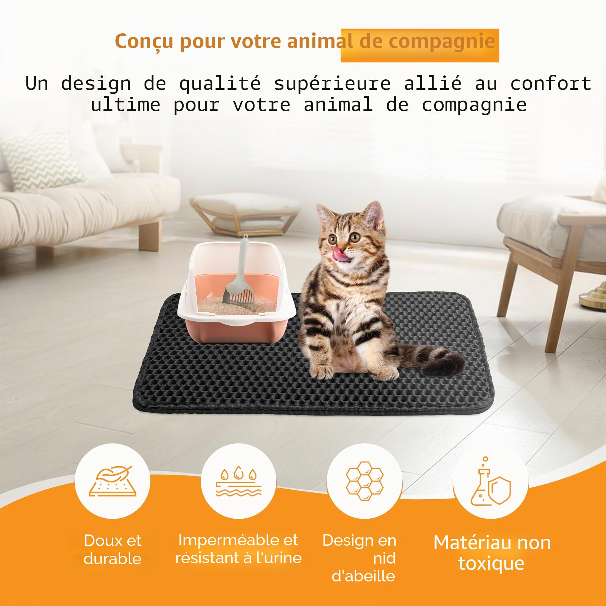 Tapis à litière noir 90x76 – tapis antidérapant pour bac à litière – imperméable & facile à nettoyer