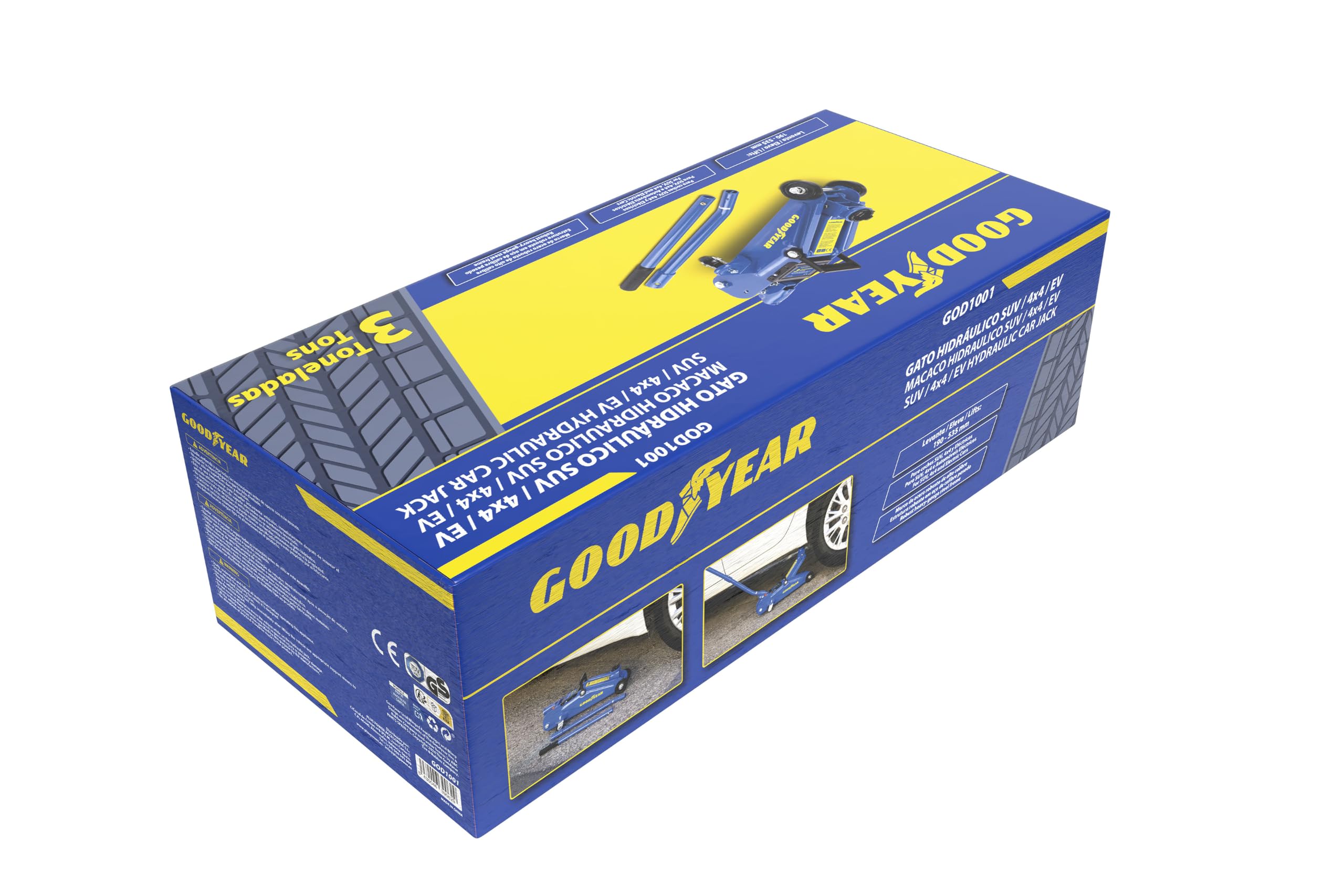 Goodyear Gato Hidráulico de Carretilla 3 Toneladas, Elevación de 190 a 535 mm. para SUV 4x4 y Coches Eléctricos Acero Reforzado Homolog. TÜV SÜD GS