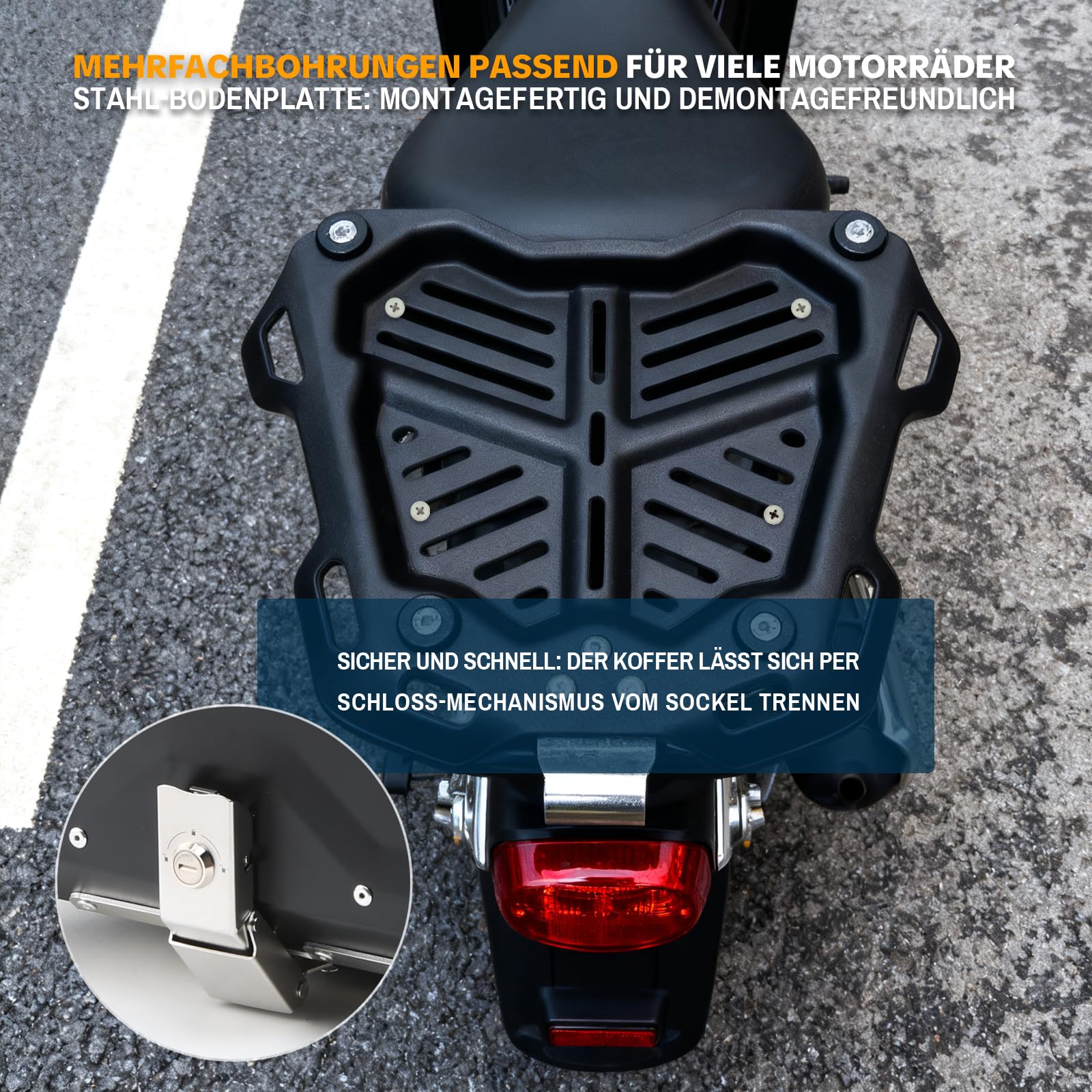 Baúl aluminio moto 45L impermeable antirrobo forro piel respaldo placa base
