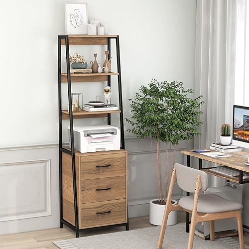 Miniatura 9 de Giantex Estantería de escalera con cajones, estantería de madera de 69 pulgadas de alto con 4 estantes, unidad organizadora de almacenamiento