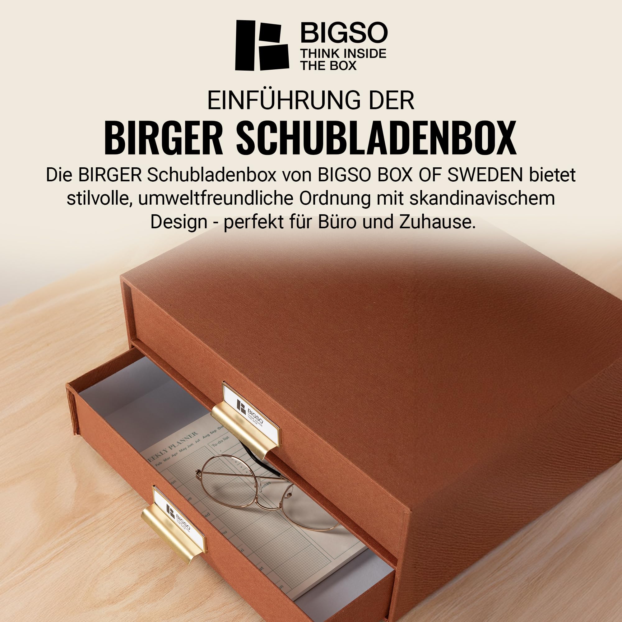 BIGSO BIRGER Schubladenbox – Aufbewahrungsbox mit 2 Schubladen – Schreibtisch Ablage für Dokumente & Bürobedarf – Ablagesystem aus recycelter Faserplatte und Papier – rosa