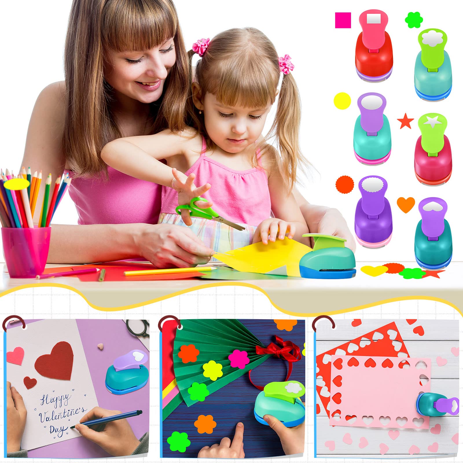 Craft Holes Punch - Punzoni per carta da 3,6 cm, con carta adesiva, rotonda, stella, quadrata, cuore, fiore, forma a cerchio a onde (36 pezzi)