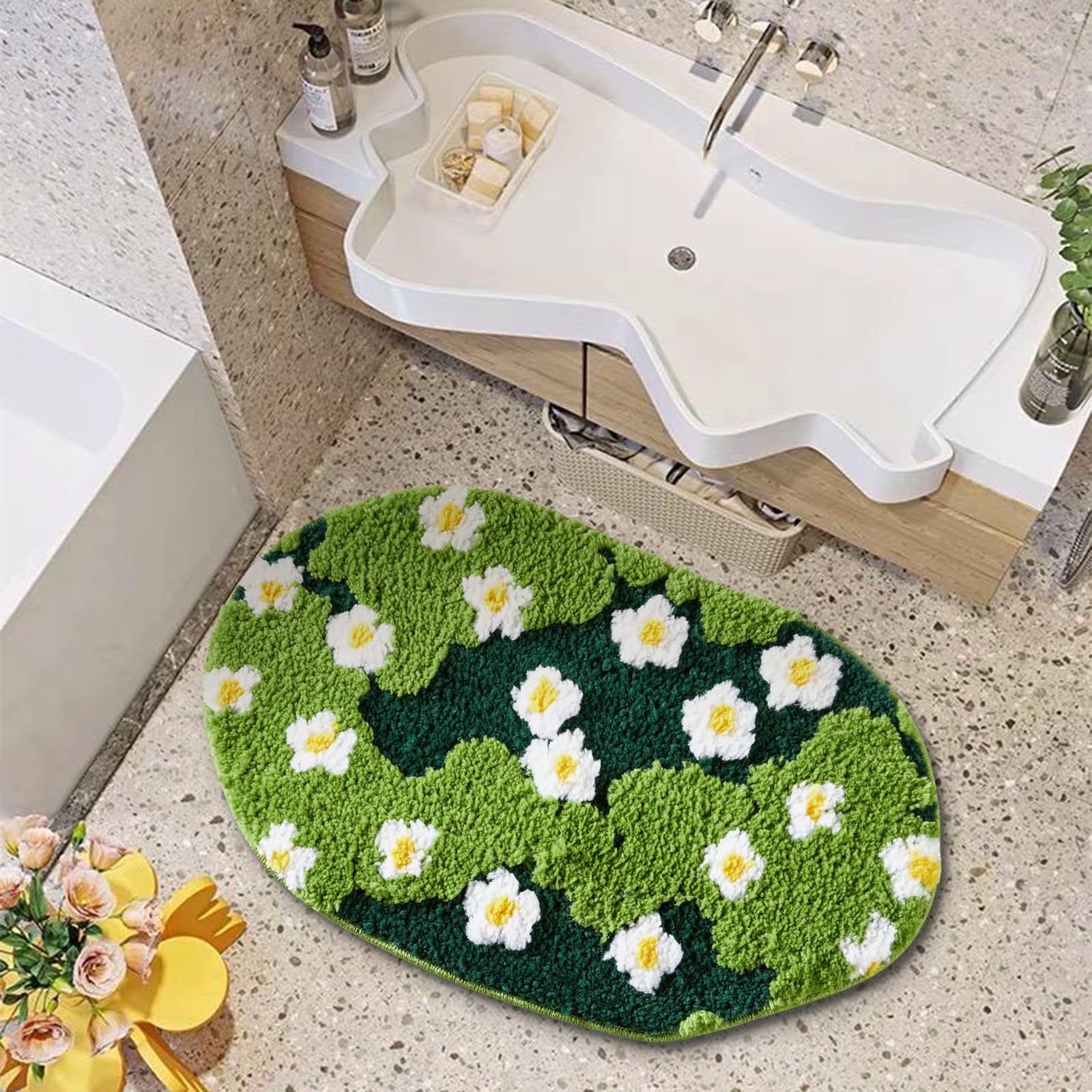 Ouyattle Cute Green Floral Bath Mat Microfiber Grass Bathroom Rug 16''W x 24''L Non Slip Washable, Modern Chic Boho Aesthetic Trendy Shaggy Bathroom