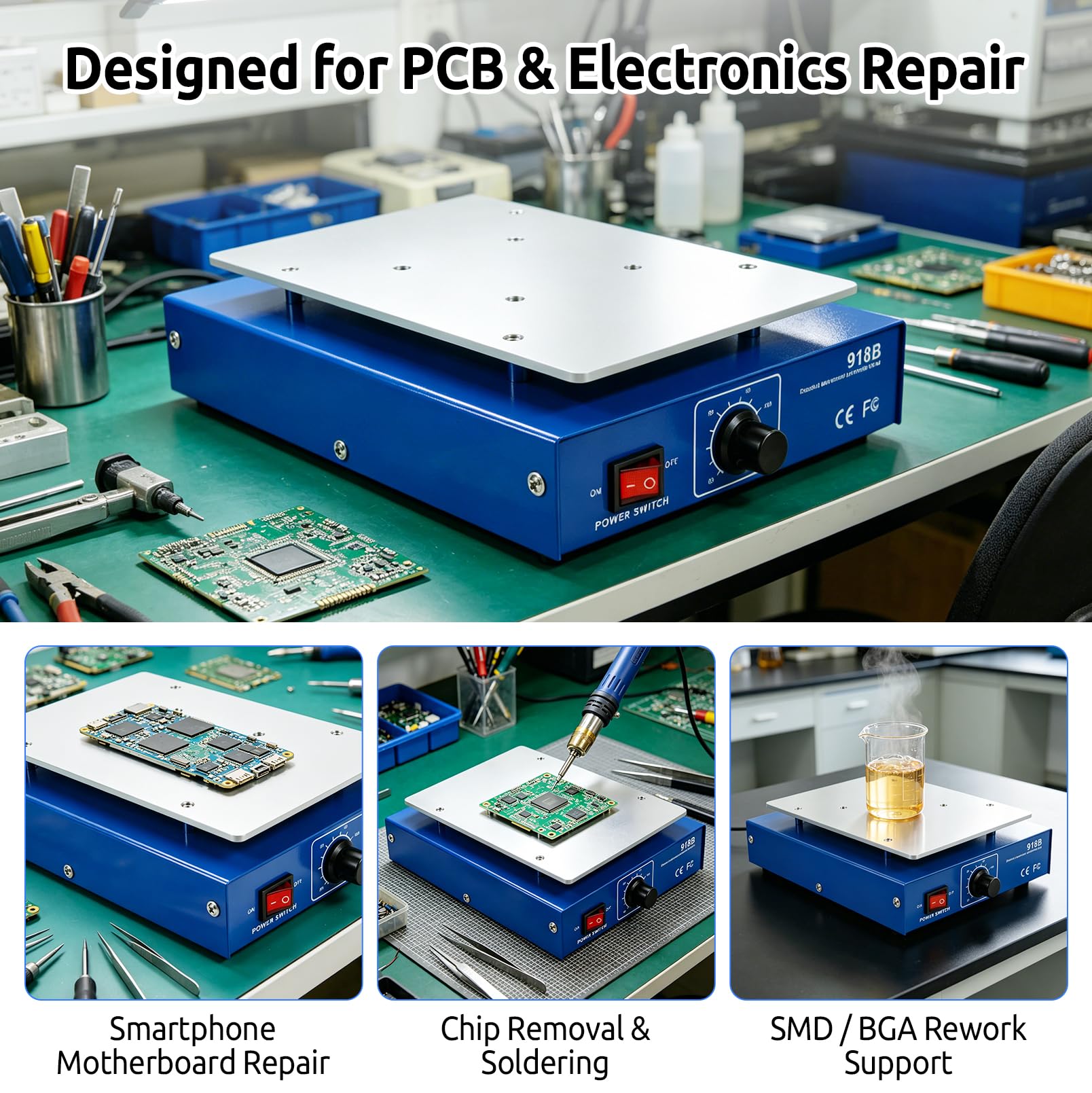 Stazione di Preriscaldamento PCB 450W, Piastra Riscaldante per Saldatura | 180×130 mm con Display LCD, Stazione di Pre-Riscaldo 60–120℃, con Saldatore, Spatola, Righello in Acciaio e Pinzetta