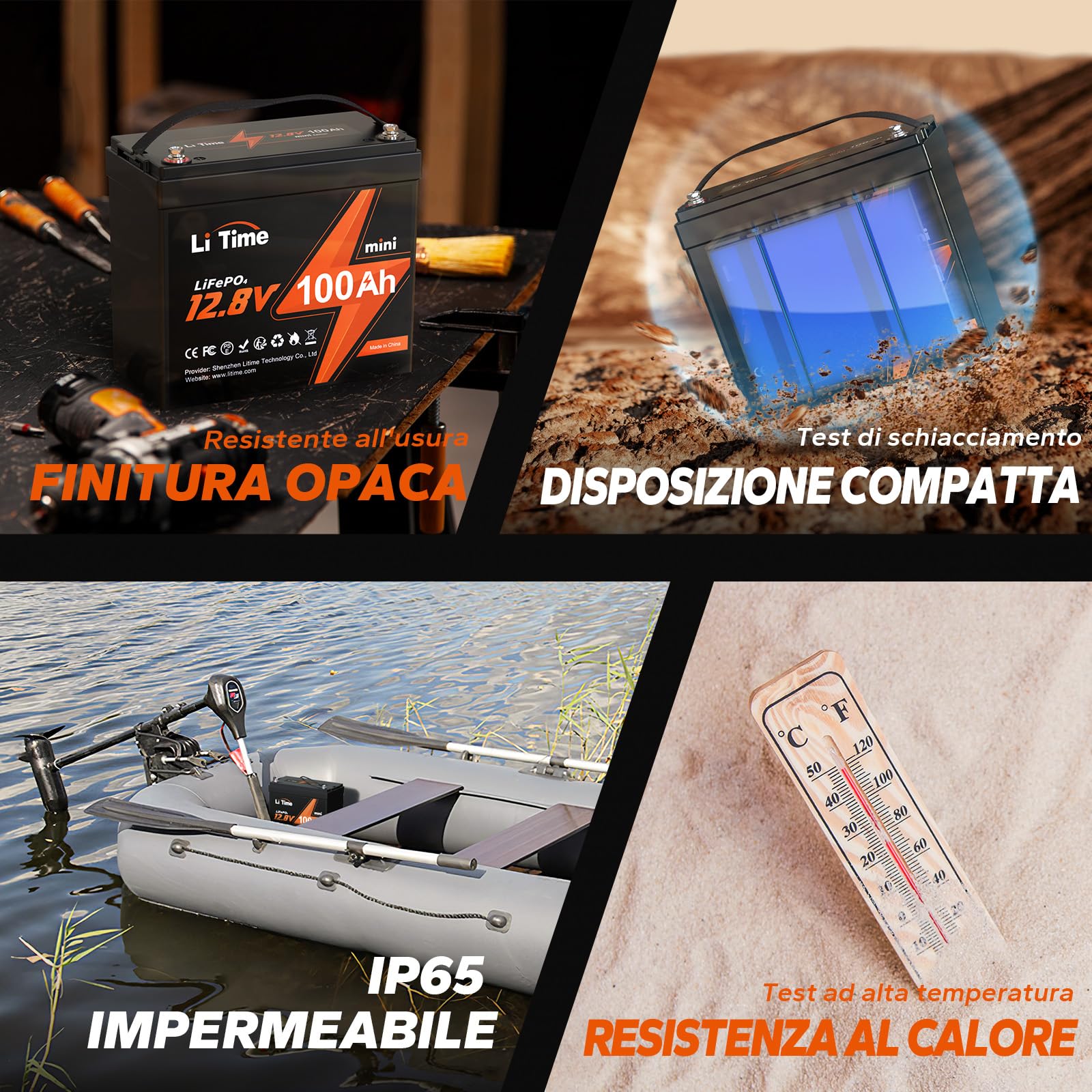 LiTime Batteria Lifepo4 12V 100Ah MINI, Batteria Litio con BMS 100A e 4000-15000 Cicli, Di Piccole Dimensioni e Senza Manutenzione, Batteria Litio 12V Adatta per Caravan, Sistemi Solari, Barche
