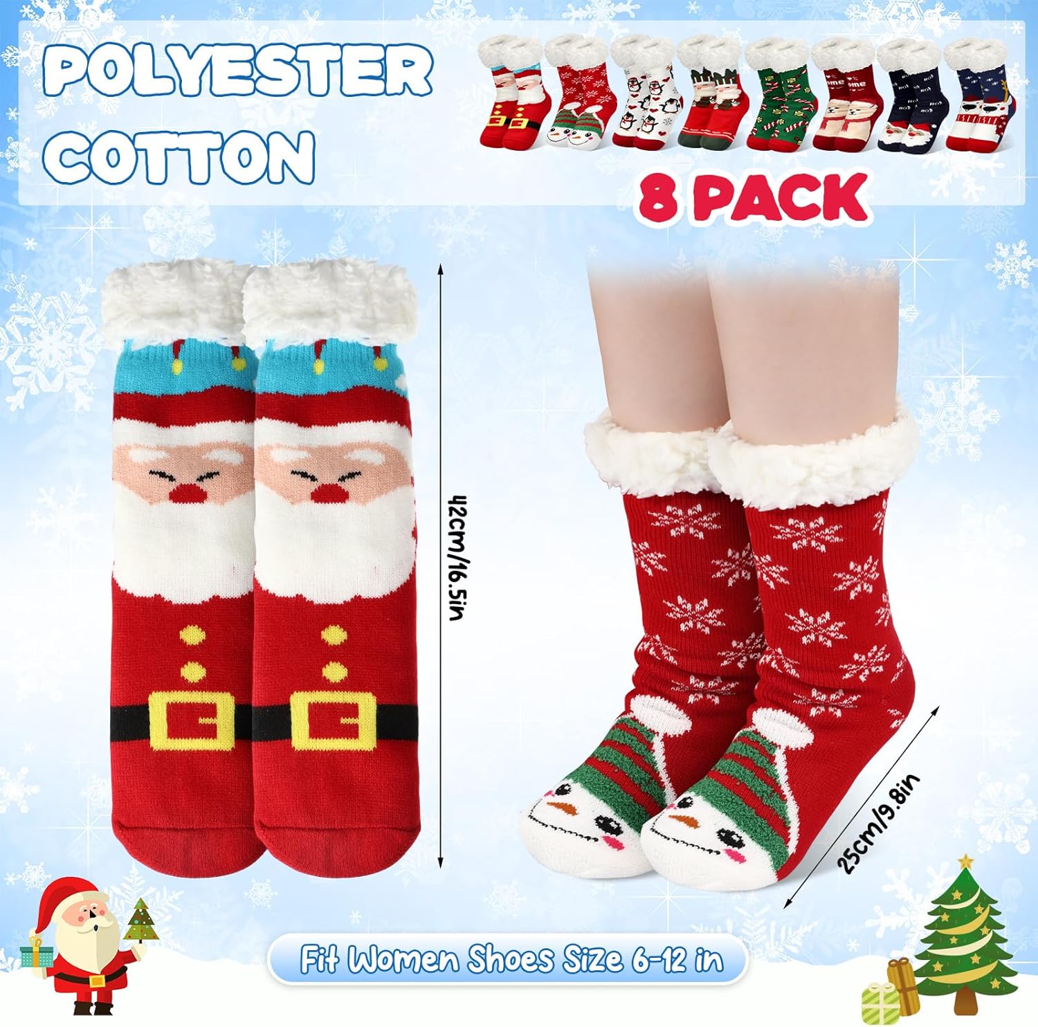 Suhine 8 Pairs Christmas Fuzzy Slipper Socks for Women Plush Coral Fleece Warm Non-slip Holiday Socks for Xmas Winter Gifts - Image 4