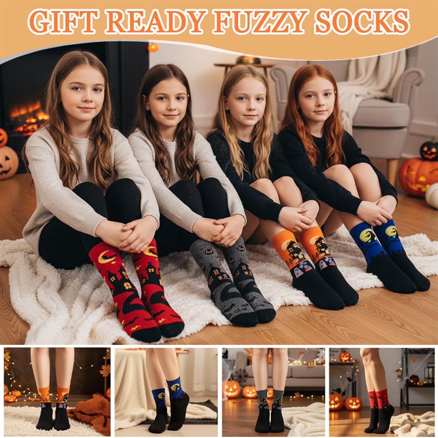 4 Pairs of Women's Halloween Fun Crew Socks Fuzzy Horror Socks Cotton Spooky Crew Stocking Happy Halloween Gifts for Adult Men Women - Image 2