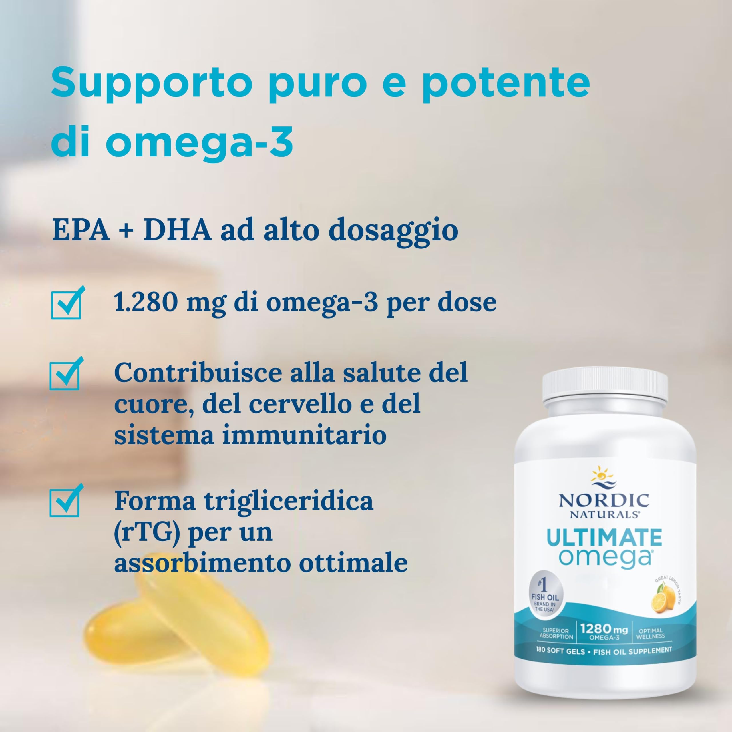 Nordic Naturals Ultimate Omega Capsule di Omega 3 ad Alta Concentrazione, Integratore di Olio di Pesce Omega 3 1280 mg con EPA e DHA, Alto Dosaggio, Gusto Limone, 180 capsule molli