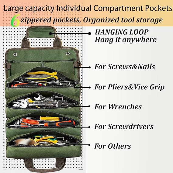 Roll Up Tool Bag, Heavy Duty Portable Soft Tool Storage with 2 Detachable Pouches,guy gifts for Him Dad Men Mechanic Welding, Green