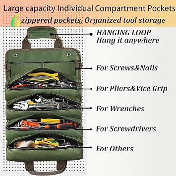 Roll Up Tool Bag, Heavy Duty Portable Soft Tool Storage with 2 Detachable Pouches,guy gifts for Him Dad Men Mechanic Welding, Green