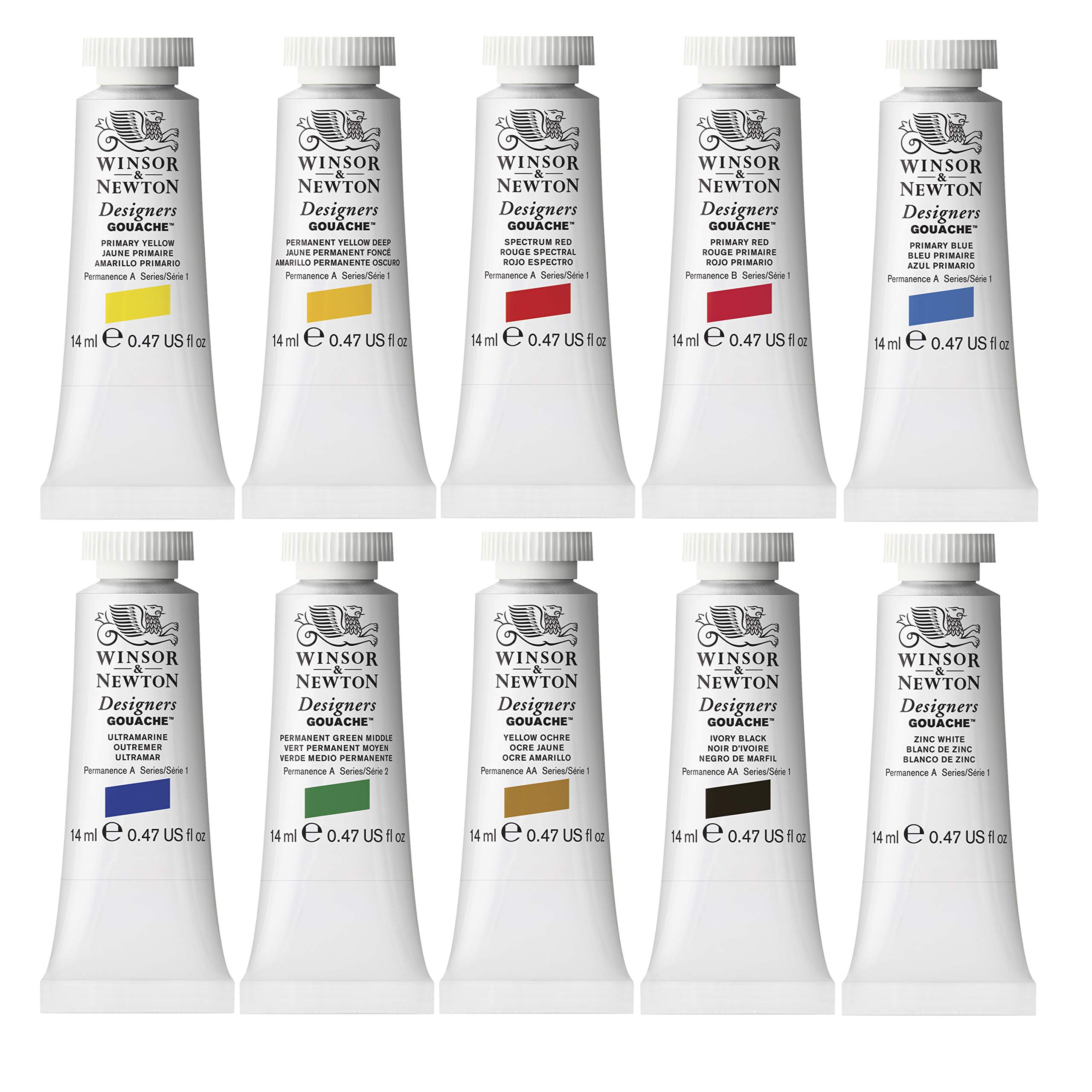 Winsor & Newton Designers Gouache- Set de Iniciación gouache profesional de 10 tubos de 14ml, colores surtidos, para diseño, ilustración, artes gráficas