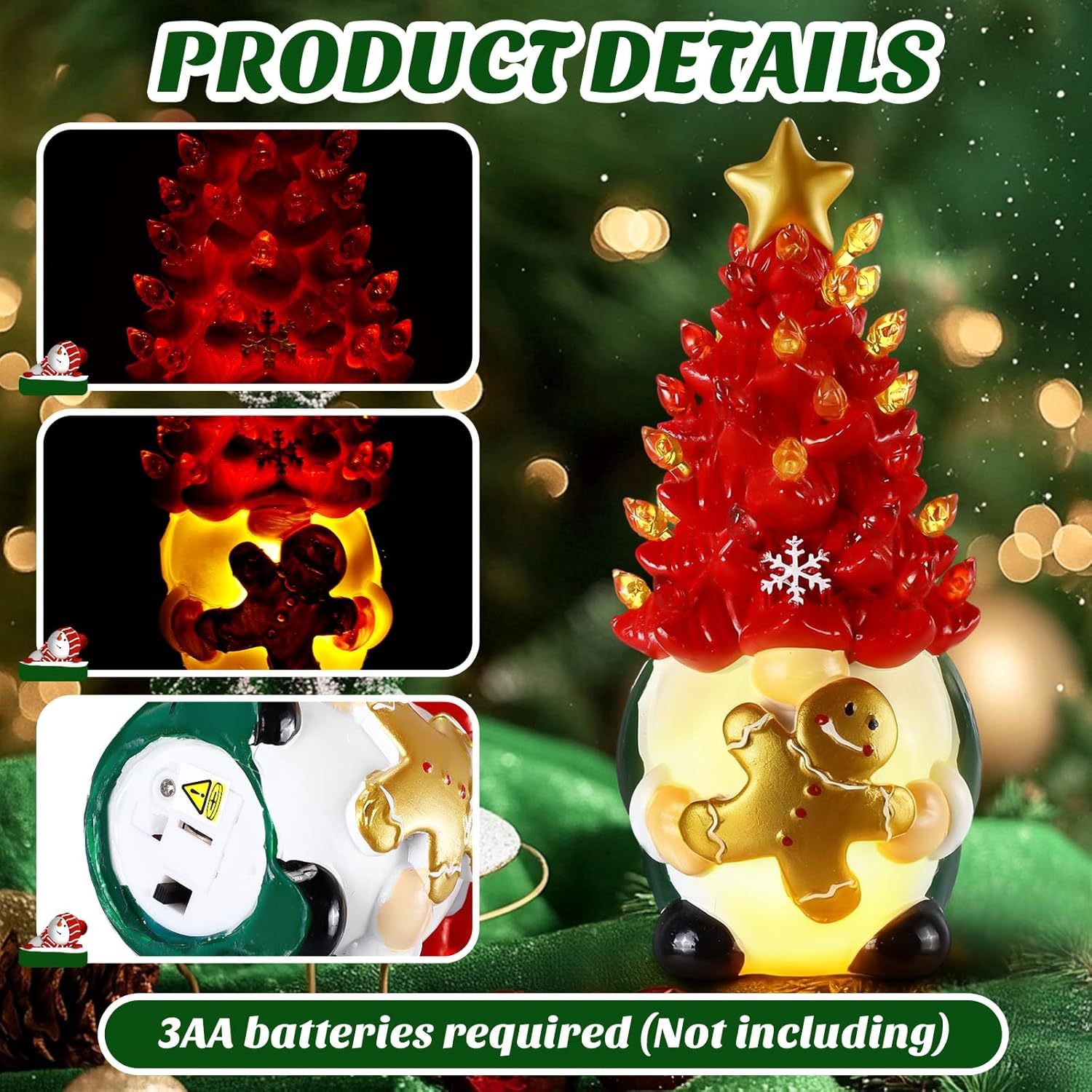 Riakrum 2 Pcs Gnome Christmas Tree Decor with Lights, Gingerbread Man, Snowflakes Sign 6.5” Lighted Blue Red Winter Decorations Resin Light up Gnomes Figurine for Table Indoor Centerpieces Home Decor - Image 5