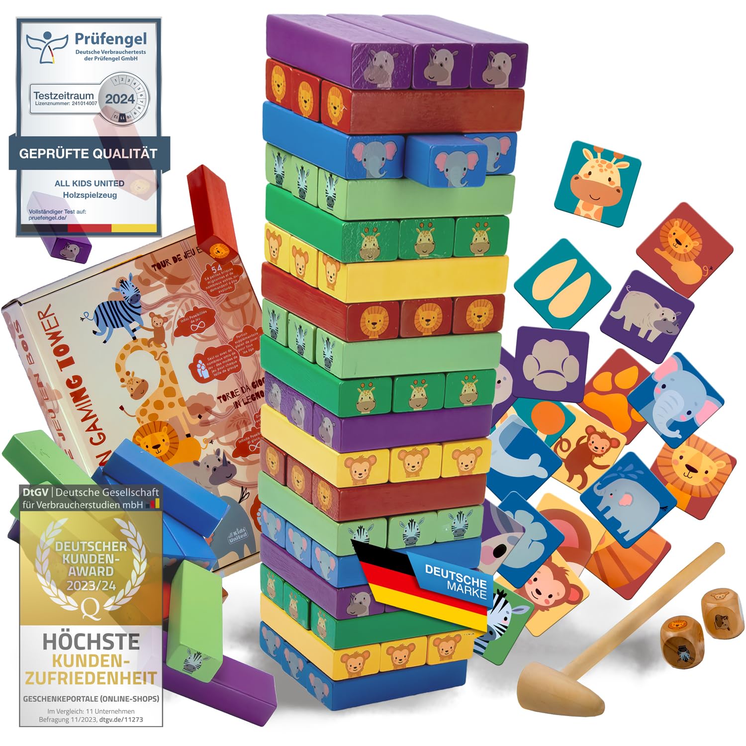 all Kids United Wooden children's toy from 3 years; Wobble tower stacking game with animal motifs; Montessori learning toy, tower game with 54 colourful building blocks