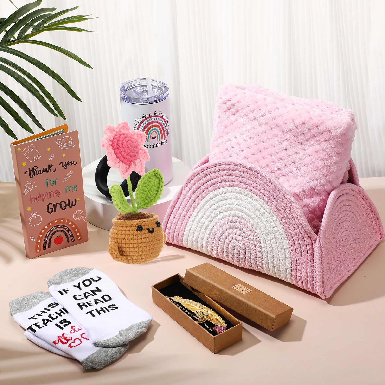 Zopeal Regalo de agradecimiento para profesores, cesta tejida 4 en 1, vaso para profesores, regalo de cumpleaños para profesores, regalo escolar, regalos de agradecimiento para profesores, San