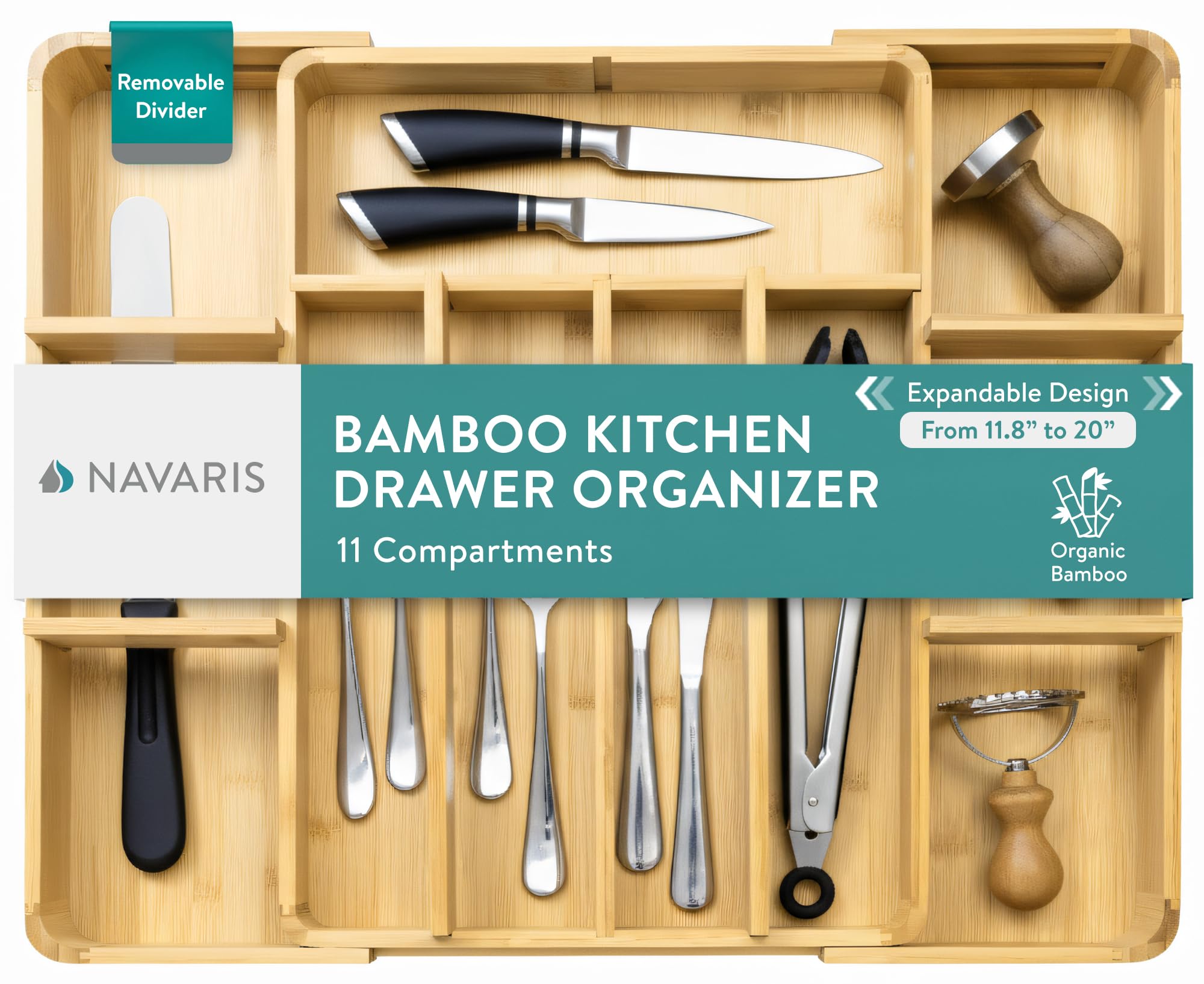 Navaris Bamboo Kitchen Drawer Organizer - Adjustable Silverware Organizer, Utensil Holder & Cutlery Tray, 11 Compartments, Expandable Tray for Tools, Makeup, Stationery 43 x 30cm