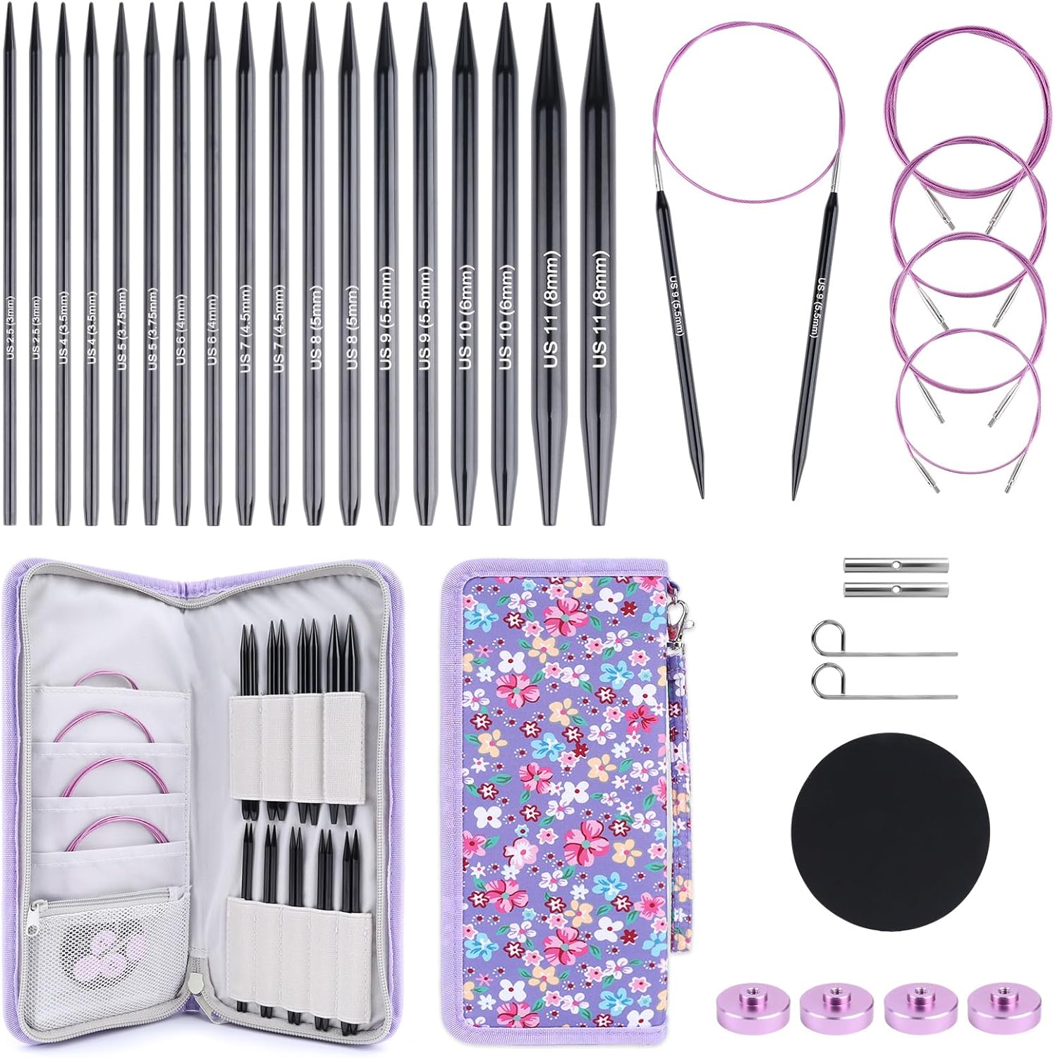 Coopay Interchangeable Knitting Needles, 9 Pairs Knitting Needle Set (3-8mm) with 4 Cables (40/60/80/100cm), Aluminum Cable Needles for Hats, Socks, Scarves, Gloves, Sweaters, Portable Carry Bag