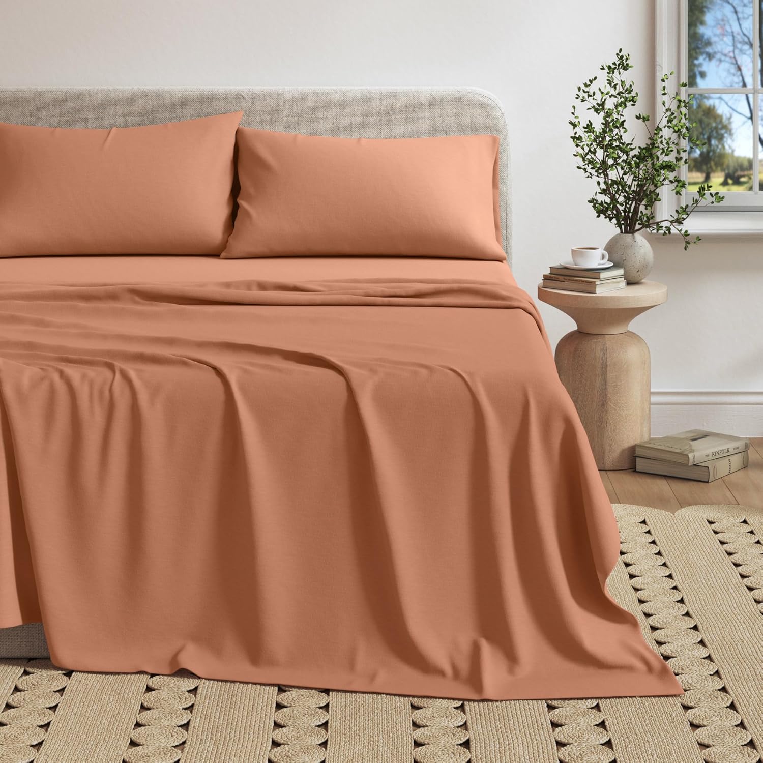 Great Bay Home Cotton Jersey Knit King Sheet Set - Ultra-Soft, Stretchy, Heathered Melange Bed Sheets - Cozy, Soft T-Shirt Sheet & Pillowcase Set (Terracotta)