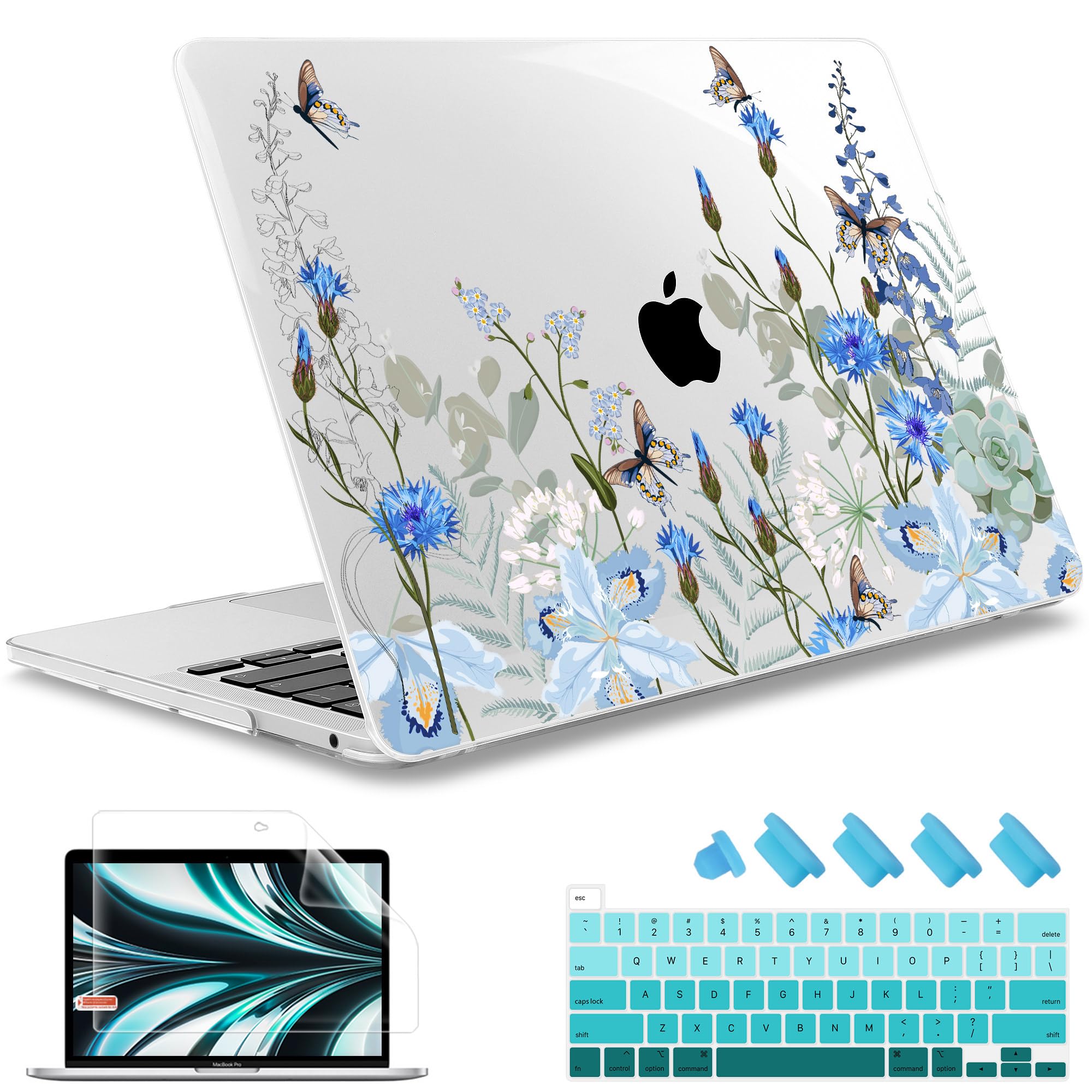 may chen compatible with macbook pro 13 inch case with touch bar 2022 2021 2020 release a2338 m1/m2 a2251 a2289, plastic hard shell case with keyboard cover + dust plug, blue flowers leaves
