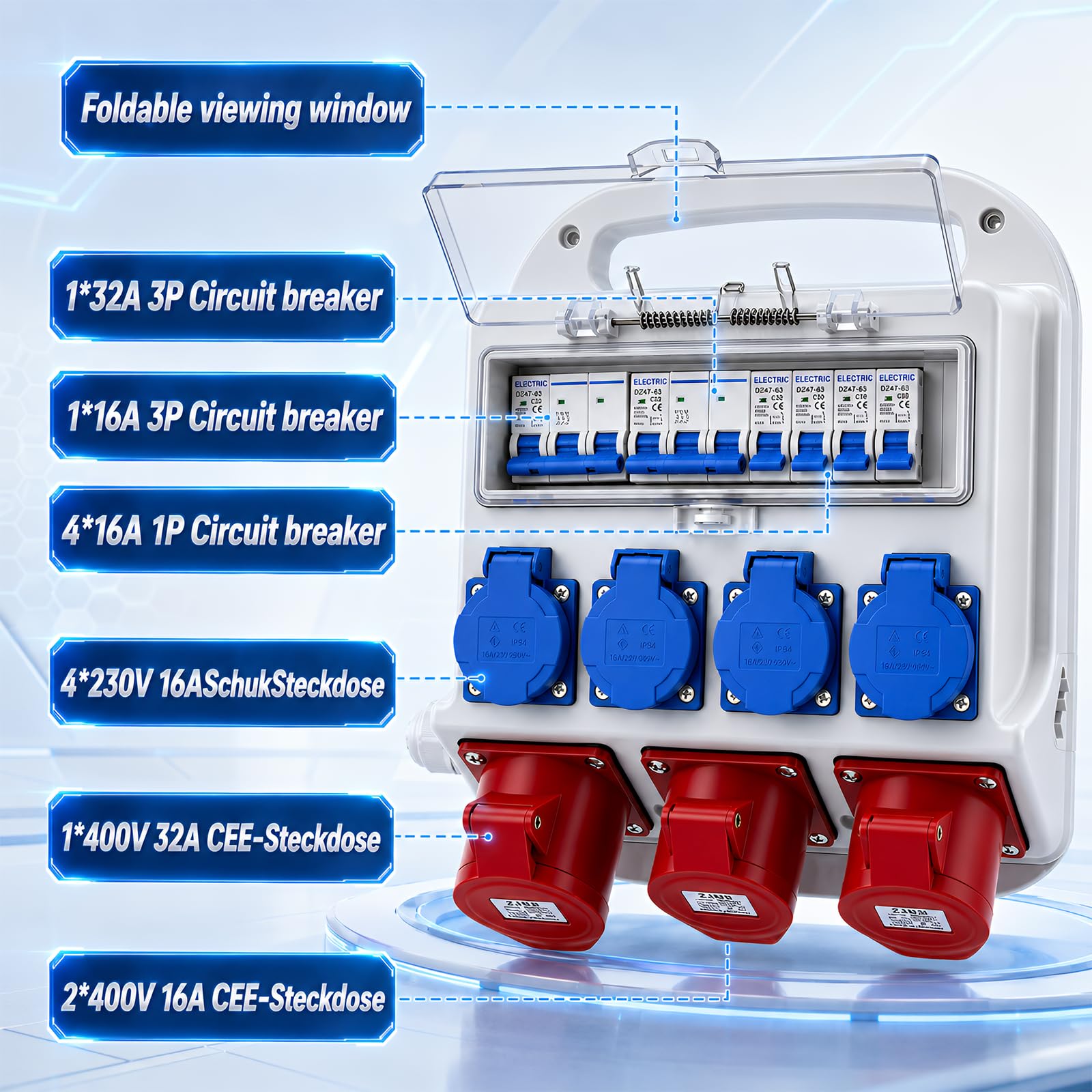 Coffret Électrique de Chantier, 32A Répartiteur de Courant avec 2x CEE 16A & 1x CEE 32A & 4x 230V Schuko, IP67 Tableaux à Disjoncteurs Électriques avec Disjoncteur FI, pour Intérieur Extérieur
