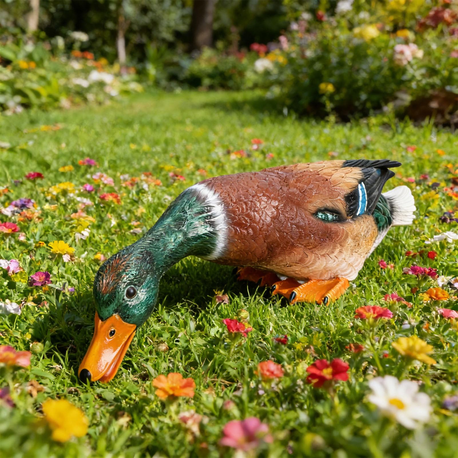 Statua in resina di anatra germano reale dipinta a mano con testa verde, statuetta di acqua potabile, durevole decorazione da giardino all'aperto per patio, prato, portico, regalo