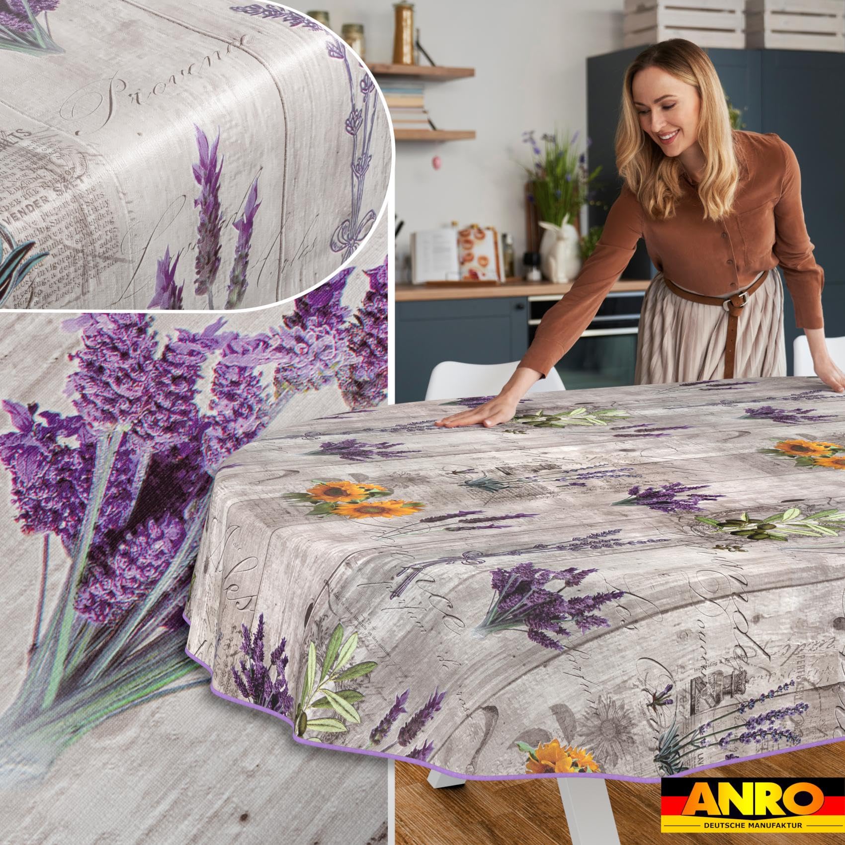 Nappe en Toile cirée - Lavable, Facile d'entretien et imperméable - Effet Lotus - Provence - Ovale - 160 x 140 cm - avec Ourlet (bordée)