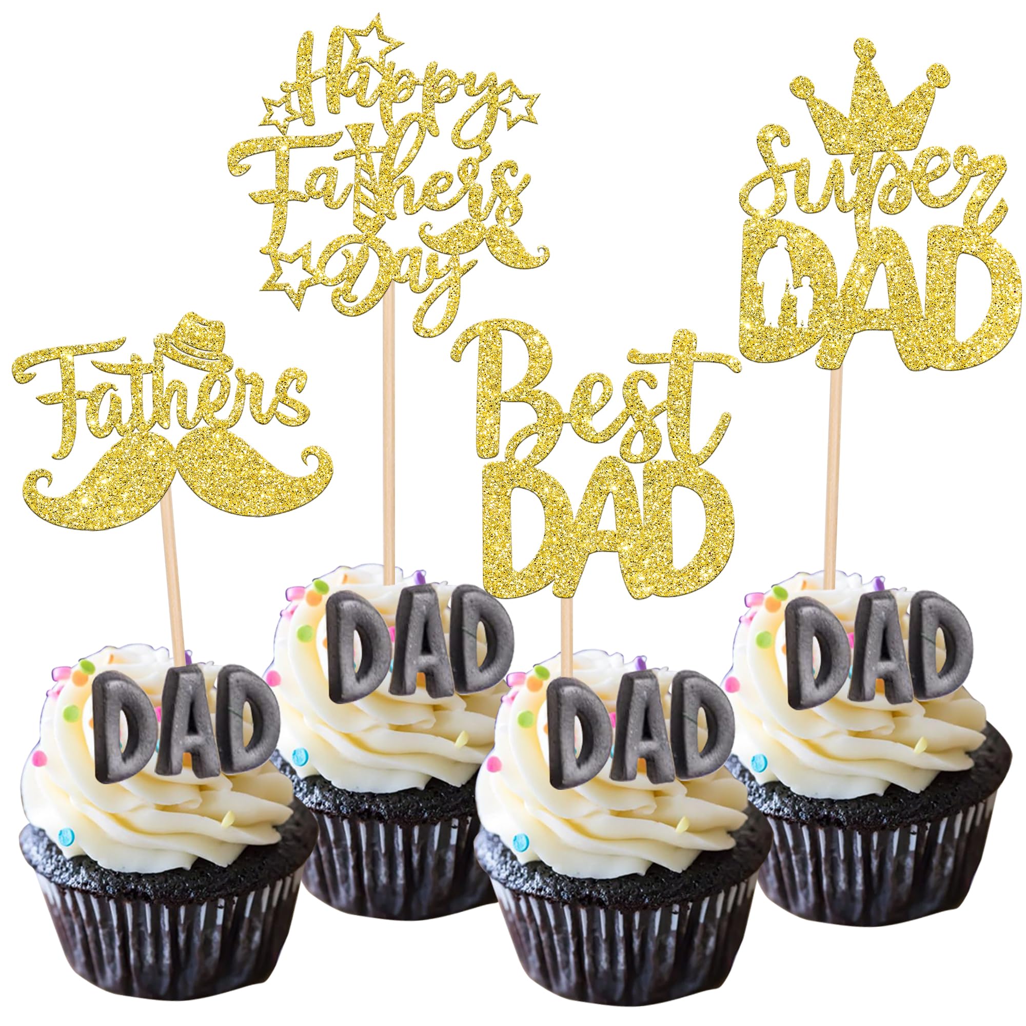 24 PCS Happy Father's Day Cupcake Toppers with Glitter Moustache Hat Best Dad Cupcake Picks Super Dad Cake Decorations for Happy Father's Day Theme